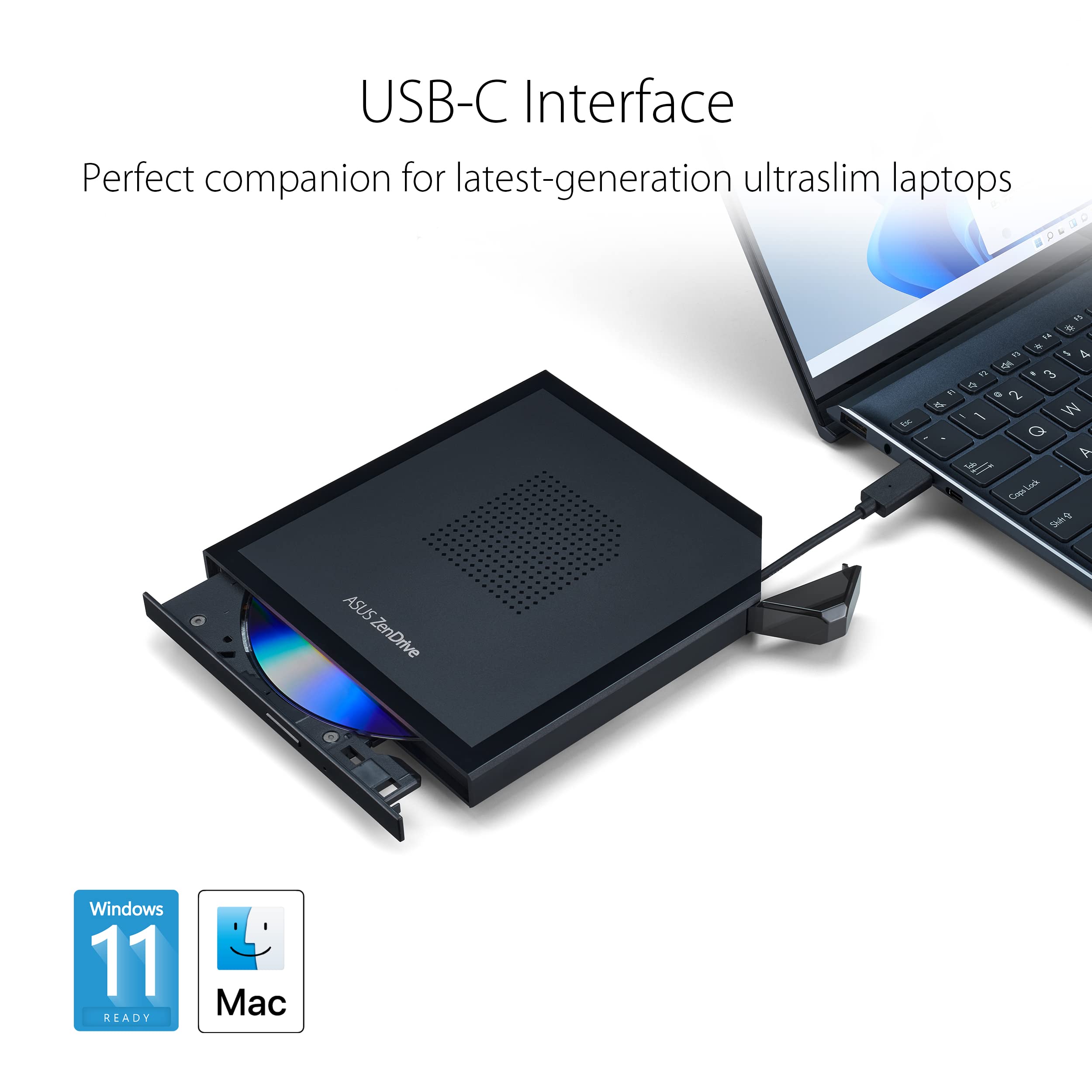 Asus Zendrive V1M External Dvd Drive And Writer With Built In Cable Storage Design, Usb C Interface, Compatible With Win 11 And