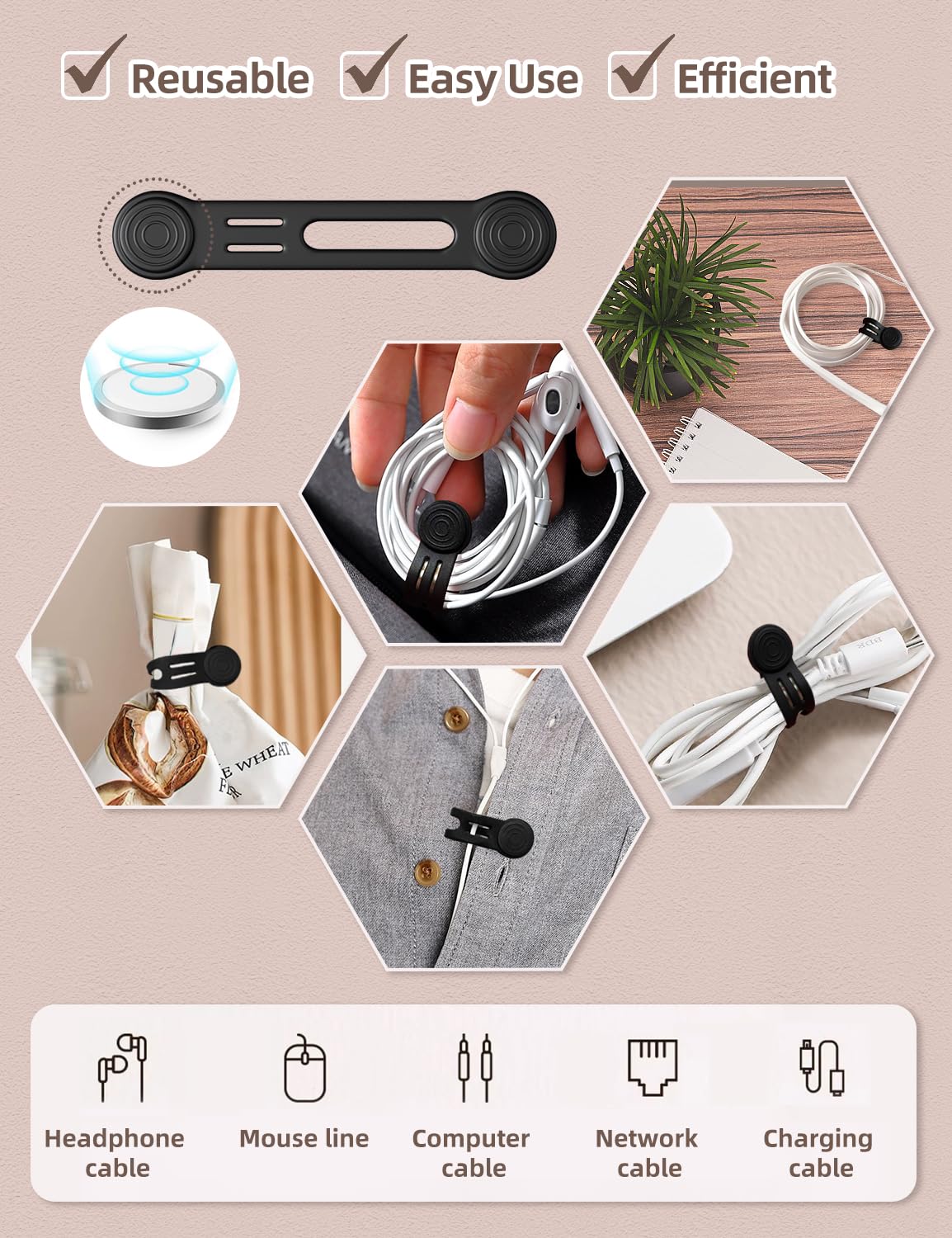 Kanemc Magnetic Silicone Cord Wraps Cable Ties Black 8-Pack