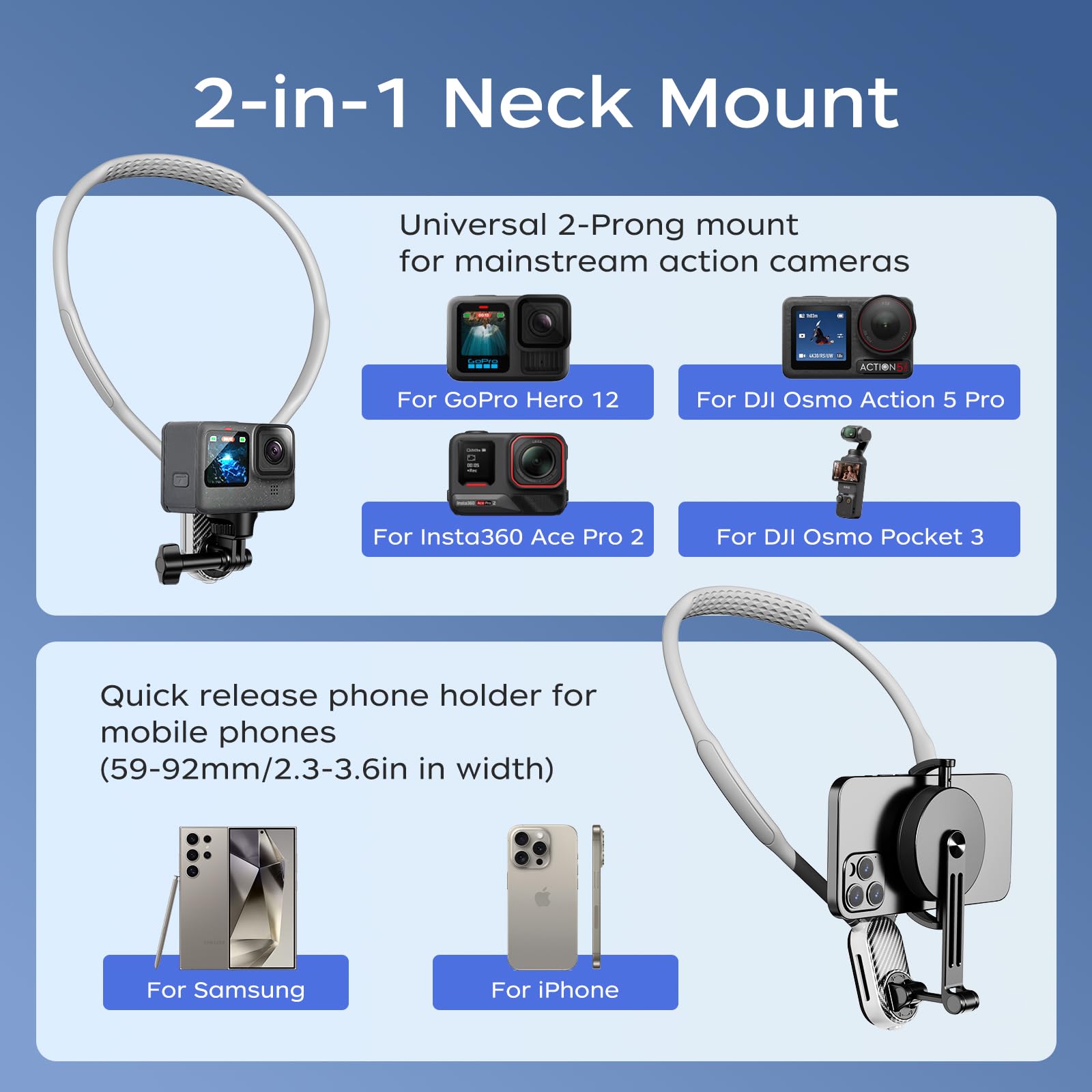 Funsnap Magnetic Neck Mount For Go Pro Phone Holder, Quick Release Pov Video Vlog Flexible Angle Necklace Holder For Gopro Hero