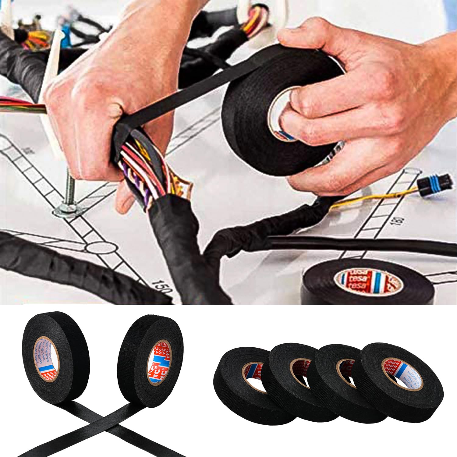 Zzjmch 2 Rolls Black Wire Harness Cloth Tape, Speaker Wiring Harness Cloth Tape, For Automobile Electrical Wire Harnessing Noise Dampening Heat Proof (Width: 25Mm, Length: 50Ft)