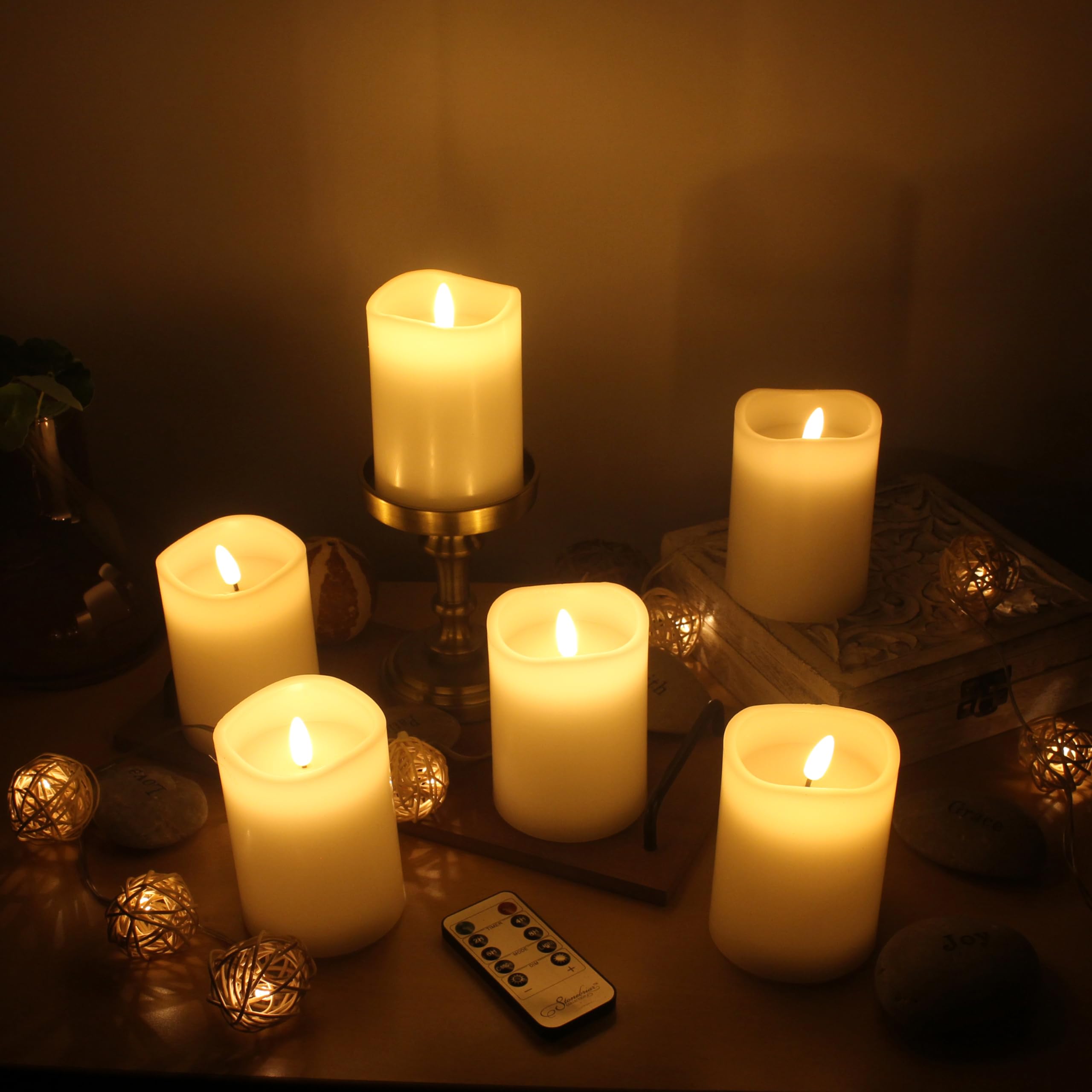 Stonebriar 6 Pack Real Wax 3X4 Flameless Led Pillar Candles With Remote And Timer