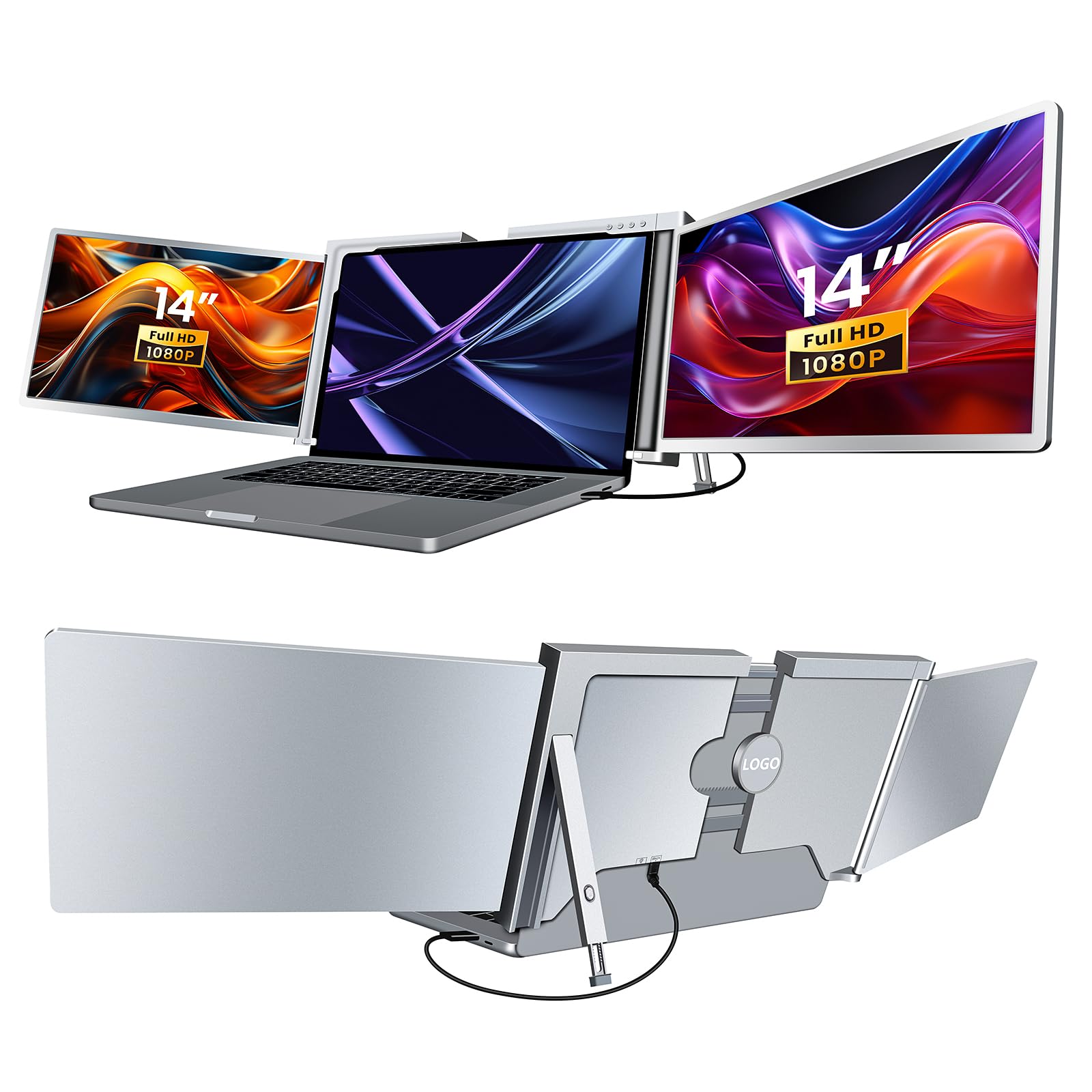 RayCue Triple Laptop Screen Extender,[Only 1 Cable to Connect],14 FHD 1080P 16:10 USB-C Laptop Screen Extender for Windows Mac