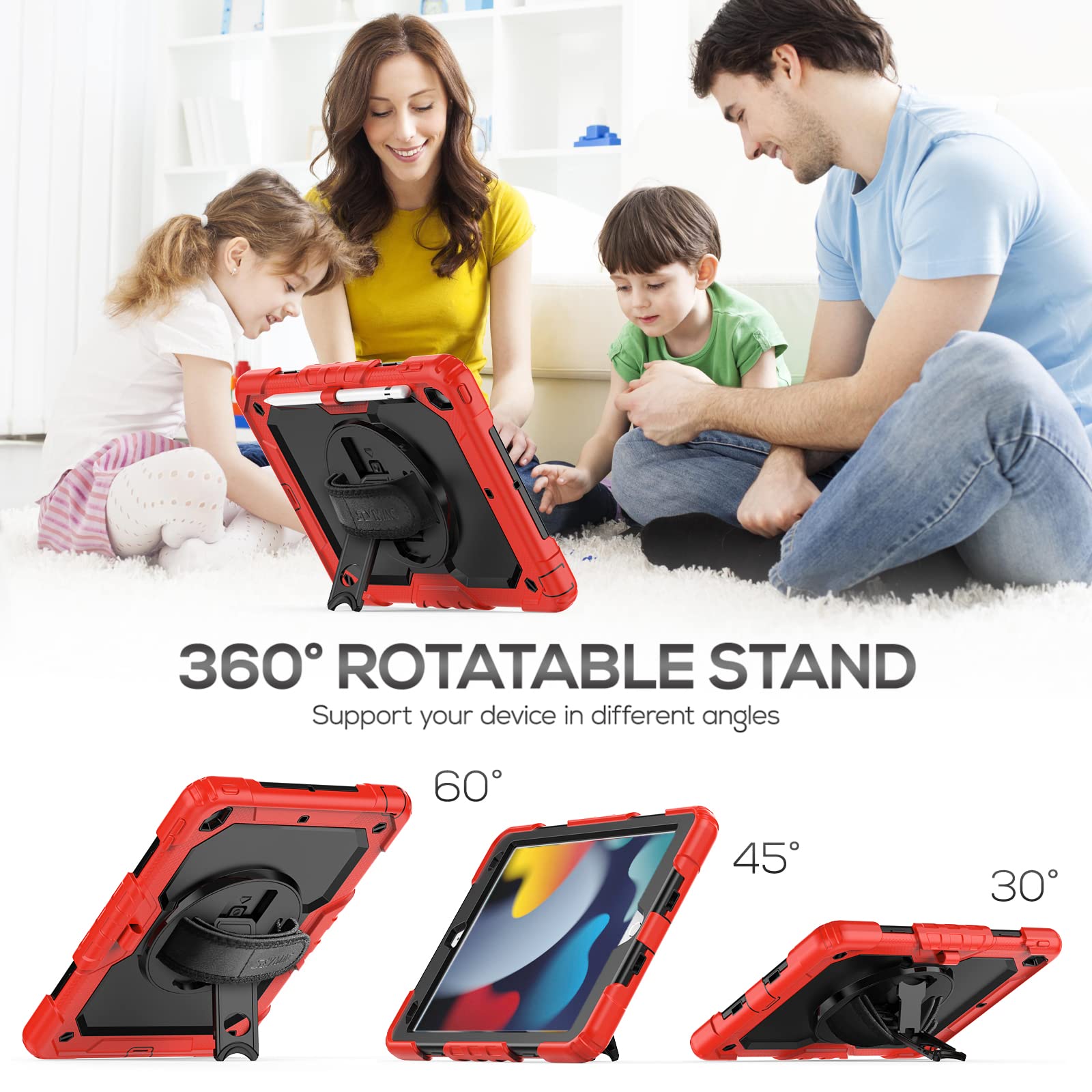 Seymac Case For Ipad 9Th/8Th/7Th Generation Case 10.2' 2021 2019, Full Body Shockproof Heavy Duty Protective Case With Screen Protector, 360� Rotating Stand/Handle/Shoulder Strap For Ipad 10.2, Red