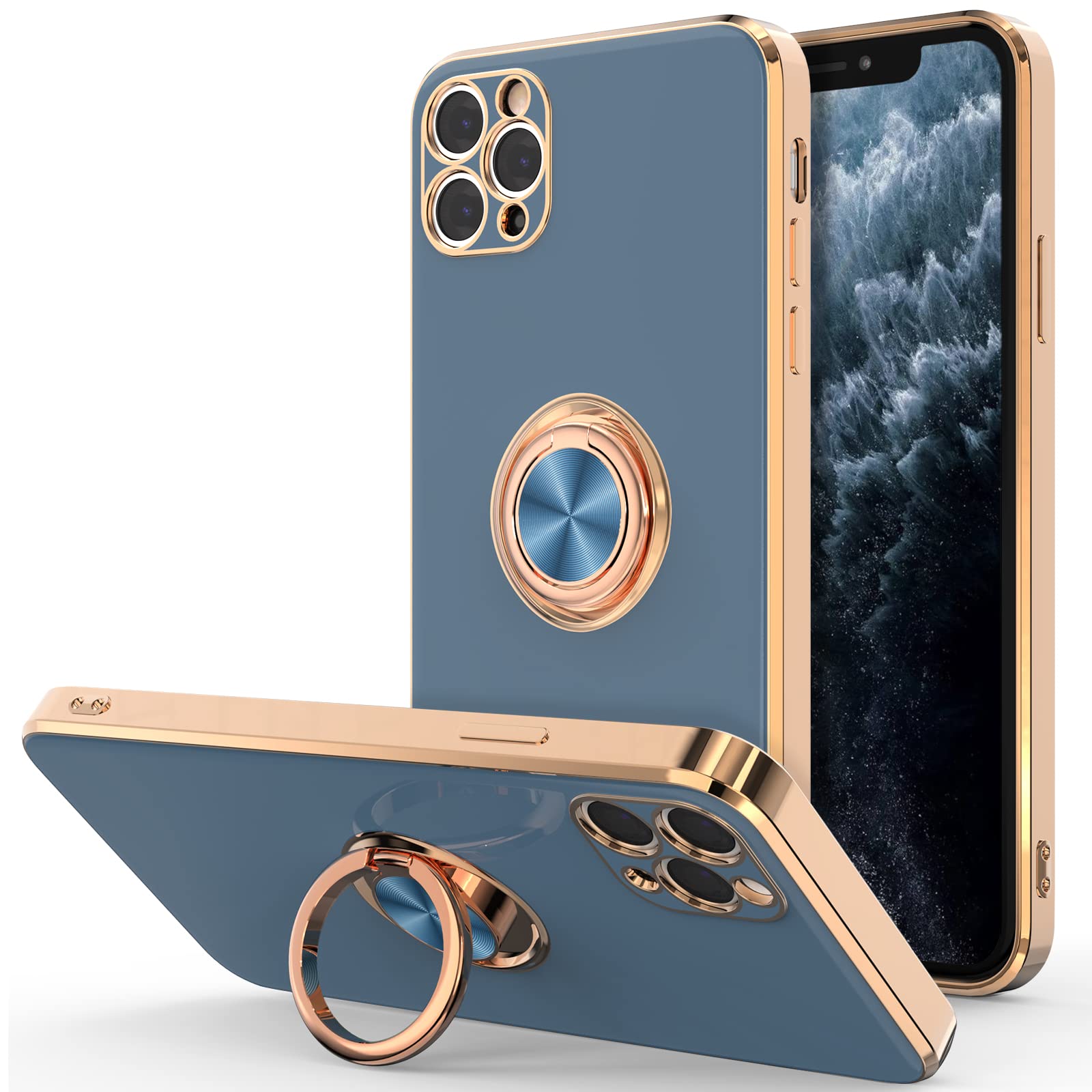 Hython For Iphone 11 Pro Max Case With Ring Stand, Plating Rose Gold Edge 360 Rotatable Ring Holder Magnetic Kickstand Cover, Sl