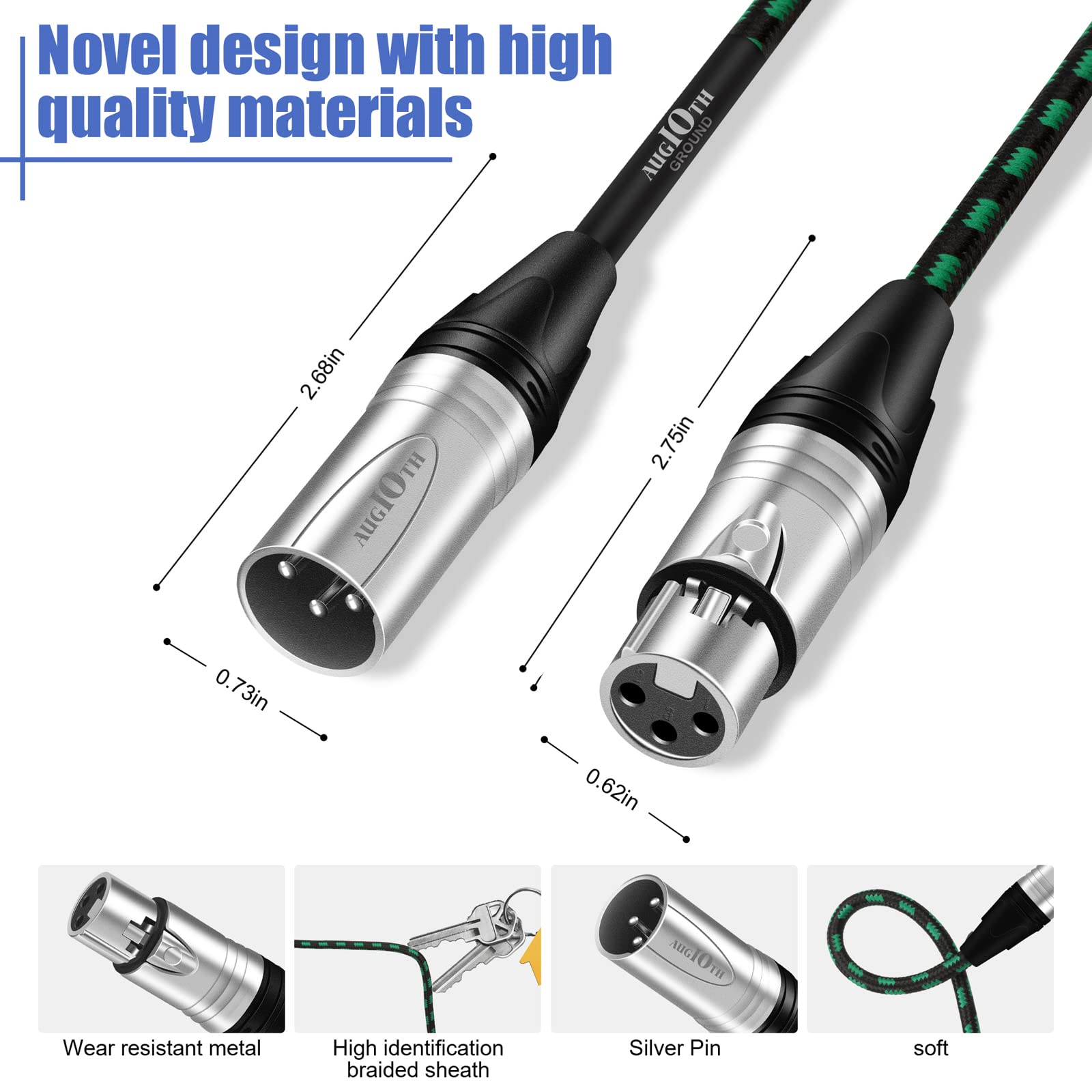 Augioth Xlr To Xlr Pro Mic Cable 10 Ft 2 Pack Male To Female Xlr Cable 3 Pin Green Balanced Shielded Microphone Cable For Amplif