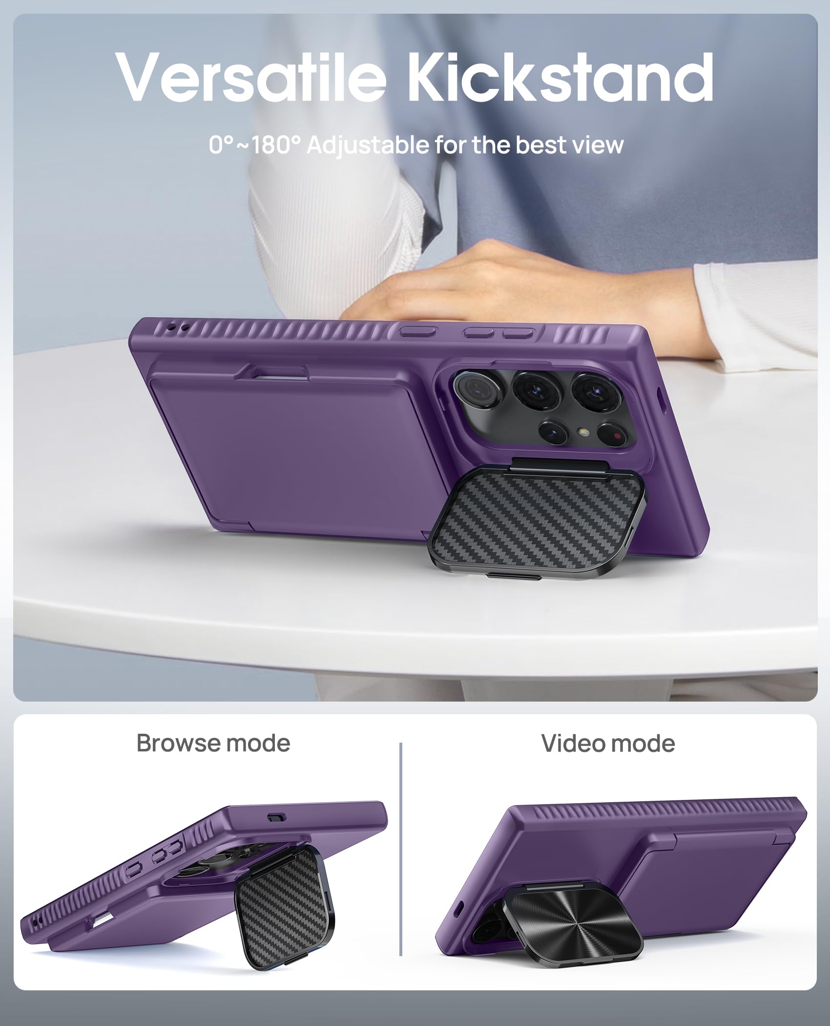 Vihibii For Samsung Galaxy S24 Ultra Case With Card Holder (4 Cards) & Kickstand & Camera Lens Cover, Heavy Duty Hard Back Soft