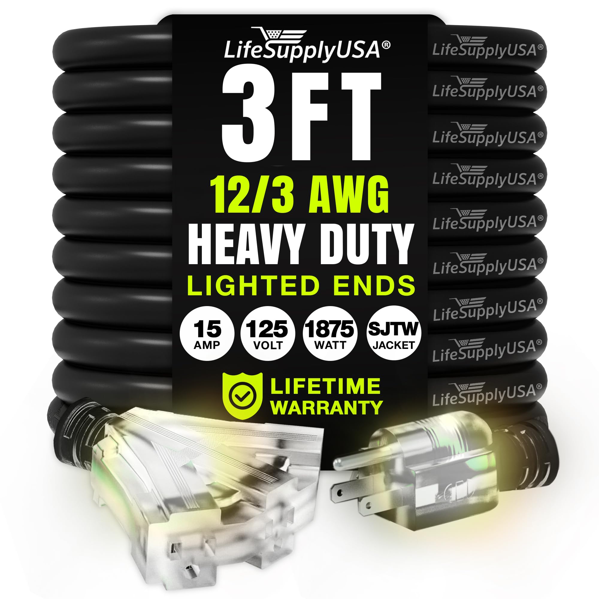 3Ft Power Extension Cord Outdoor & Indoor   Waterproof Electric Drop Cord Cable   3 Prong, 3 Outlet, Sjtw, 12 Gauge, 15 Amp, 125