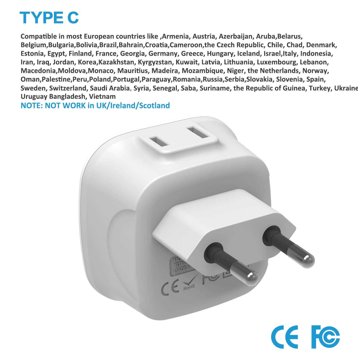 3 Pack European Travel Plug Adapter, Vintar International Power Plug Adapter With 2 American Outlets 2 In 1 Travel Essentials To