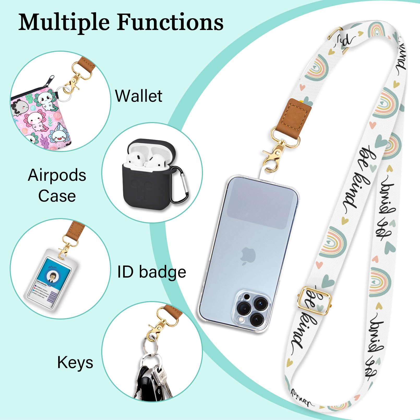 Piefly Phone Lanyard Crossbody Wrist Strap, Be Kind Cell Phone Lanyards For Around The Neck Wristlet, Adjustable Rainbow Phone W