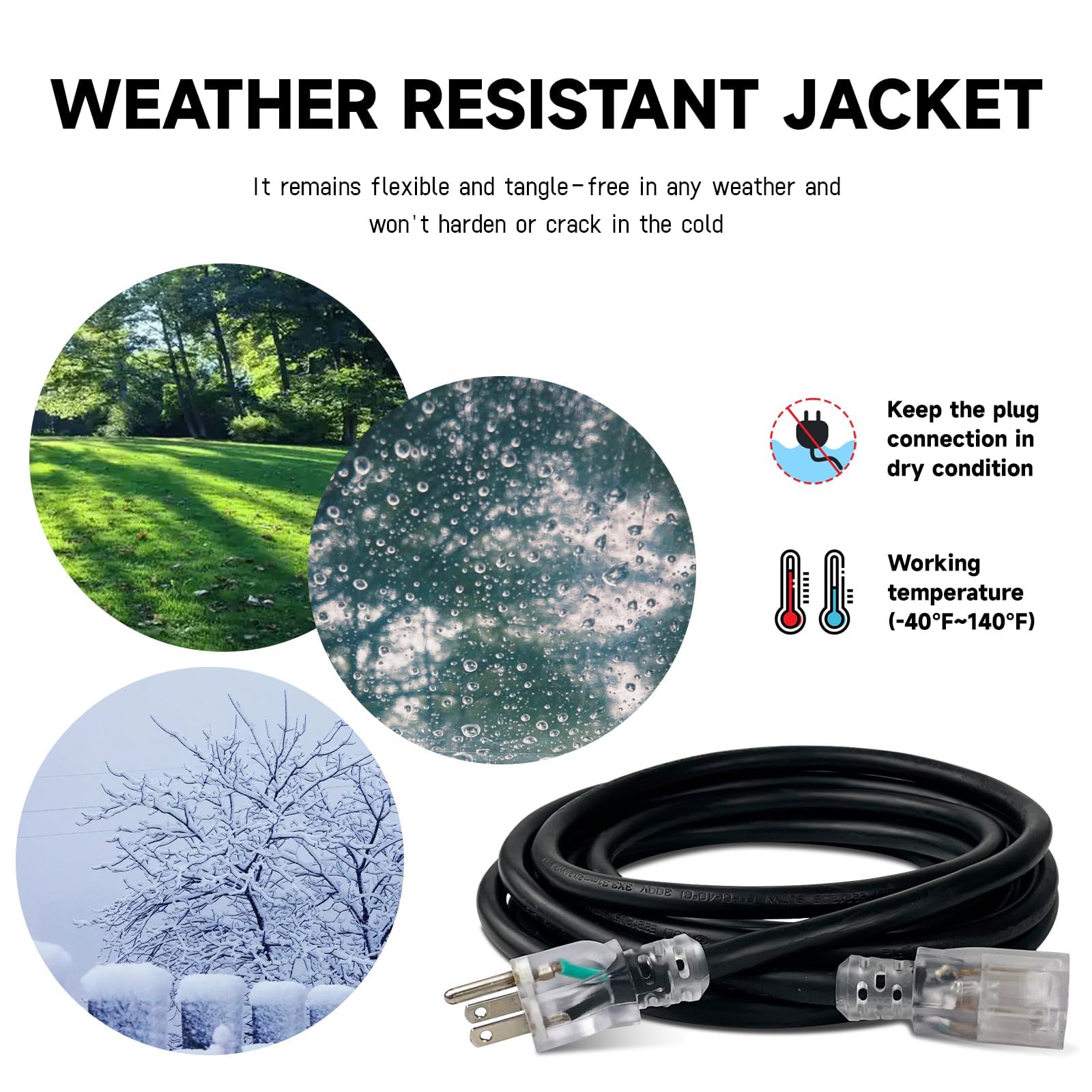 Ep 30 Ft Lighted Outdoor Extension Cord   10/3 Sjtw Heavy Duty Black Extension Cable With 3 Prong Grounded Plug For Safety, Ul L