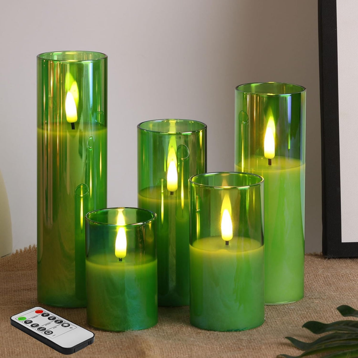 Eywamage 5 Pack Green Glass Flameless Candles With Remote, Flickering Slim Tall Led Pillar Votive Candles Battery Included