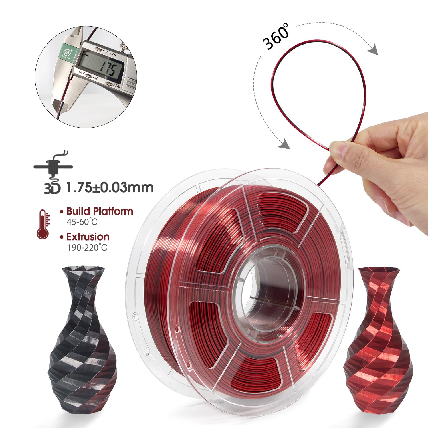 Isanmate 3D Printer Filament, Pla Filament 1.75Mm Silk Pla Red Black, Dual Color Filament Rainbow Filament, 1 Kg Spool