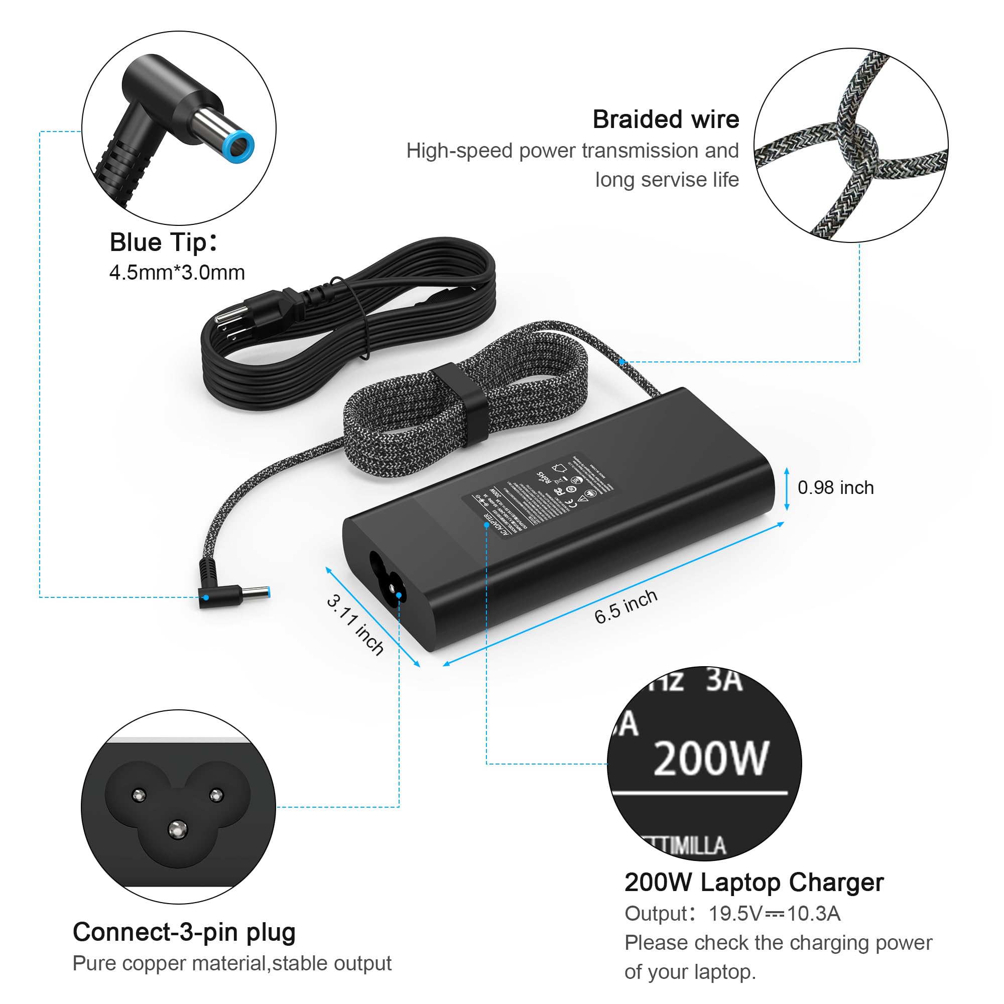 200W 19.5V 10.3A Laptop Charger For Hp Omen Pavilion Gaming 15 16 17 15T 17T,Zbook Fury Create Studio 15 17 G3 G4 G5 G6 G7 G8 G9,L00818 850 Tpn Da10 L00895 003 Ac Adapter Power Supply Cord
