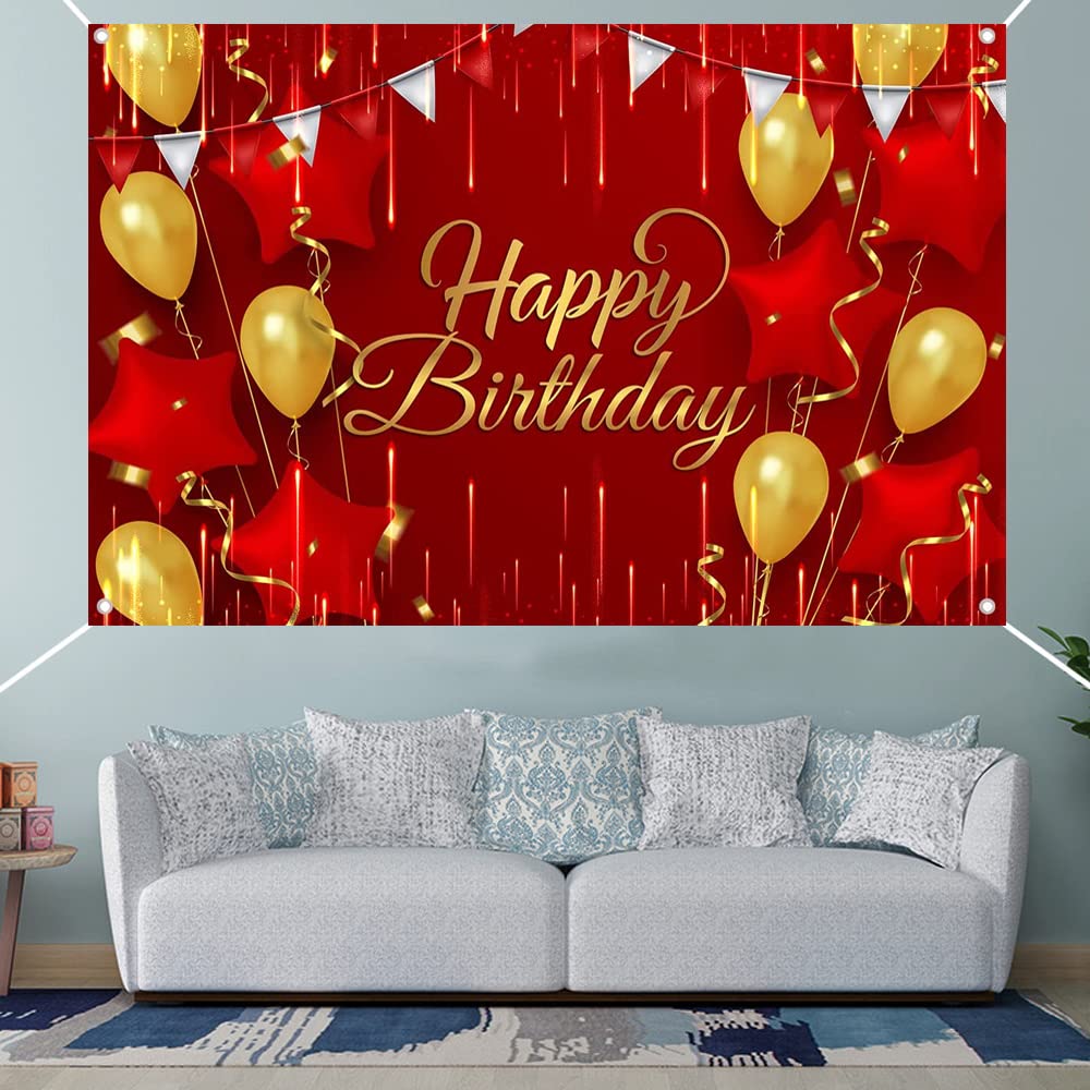 Generic Red And Gold Balloons Birthday Photography Background, Happy Birthday Backdrop With Banner, Rope For Men, Woman, Baby Sh