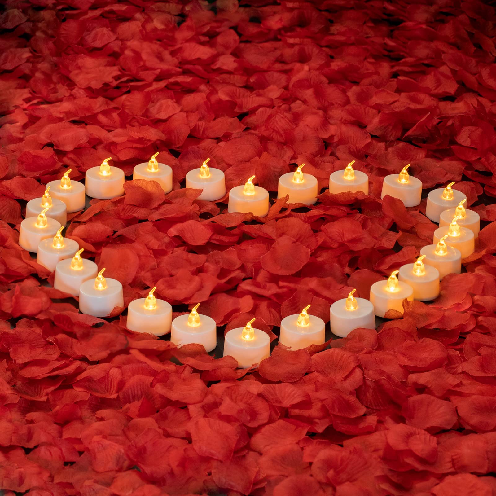 Lanker 500Pcs Red Artificial Rose Petals With 24Pcs Flickering Amber Yellow Flameless Tea Lights Candles (Amber Yellow Lights Wi