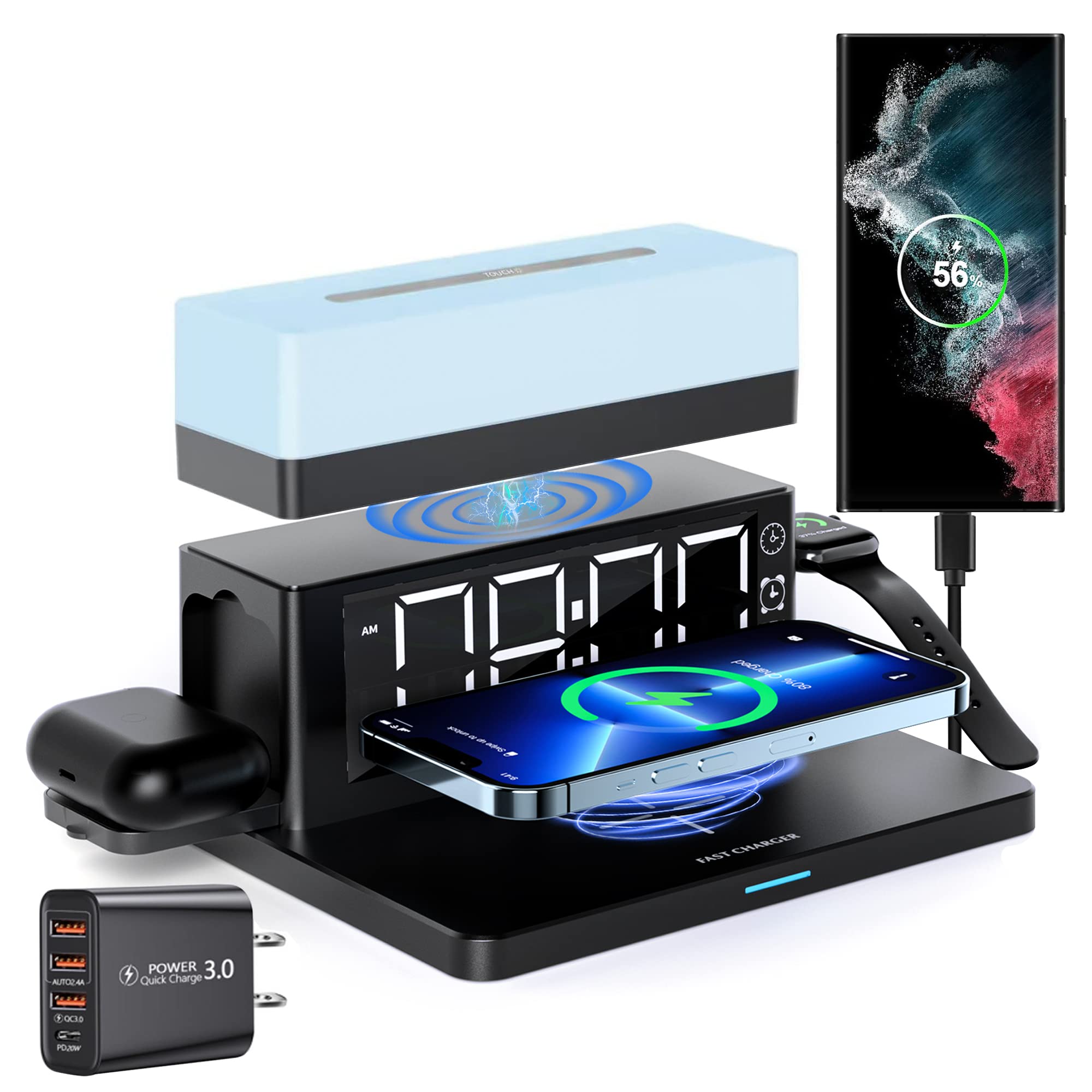 Smsasoeo Wireless Charger,6 In 1 Wireless Charging Station With Digital Alarm Clock & Night Light,15W Fast Charger Compatible Wi