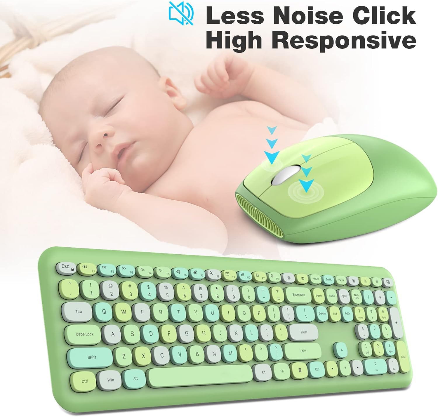 Knowsqt Wireless Keyboard And Mouse Combo, Pale Green Full Sized 2.4G Silent Keycap Colorful Keyboards, Usb Dongle Plug Play, La