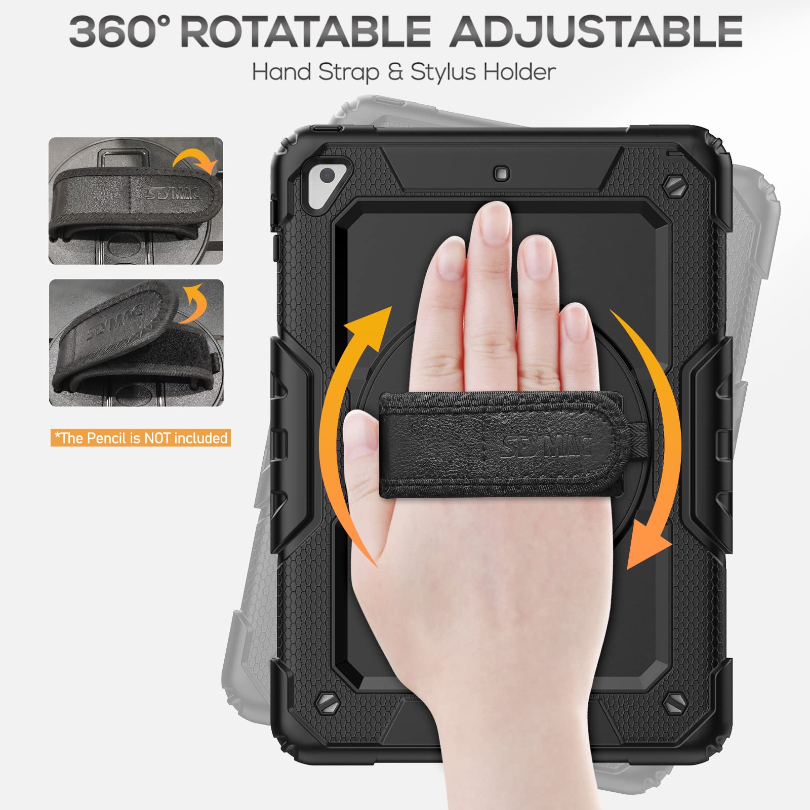 Seymac Case For Ipad 6Th/5Th Generation Case 9.7 Inch, Full Body Shockproof Heavy Duty Protective Case With Screen Protector, Rotating Stand/Hand/Shoulder Strap For Ipad Air 2/ Pro 9.7, Black