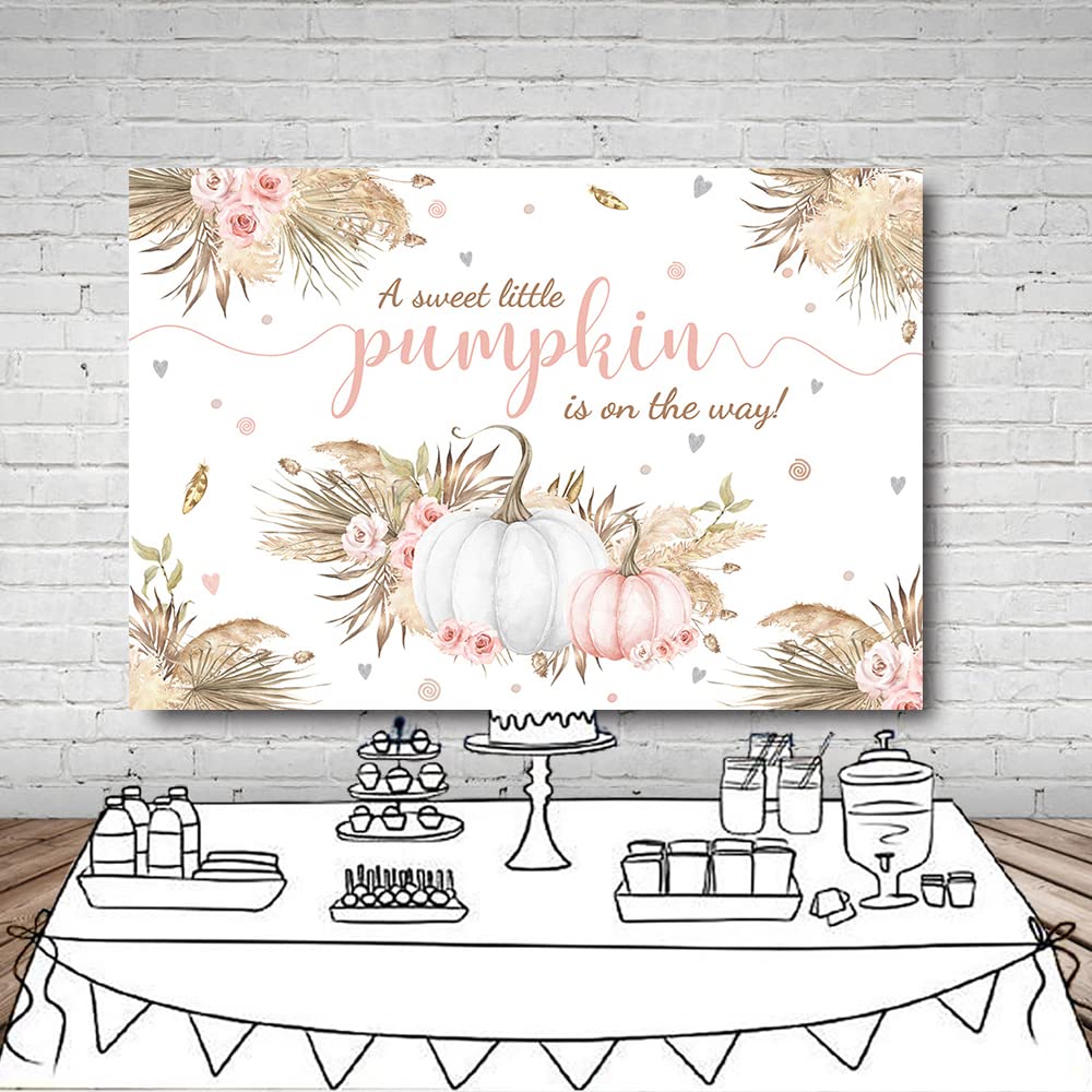 Mehofond 7X5Ft Autumn Boho Little Pumpkin Backdrop For Girl Baby Shower Fall Leaves Pampas Grass Pink White Floral Background Fo