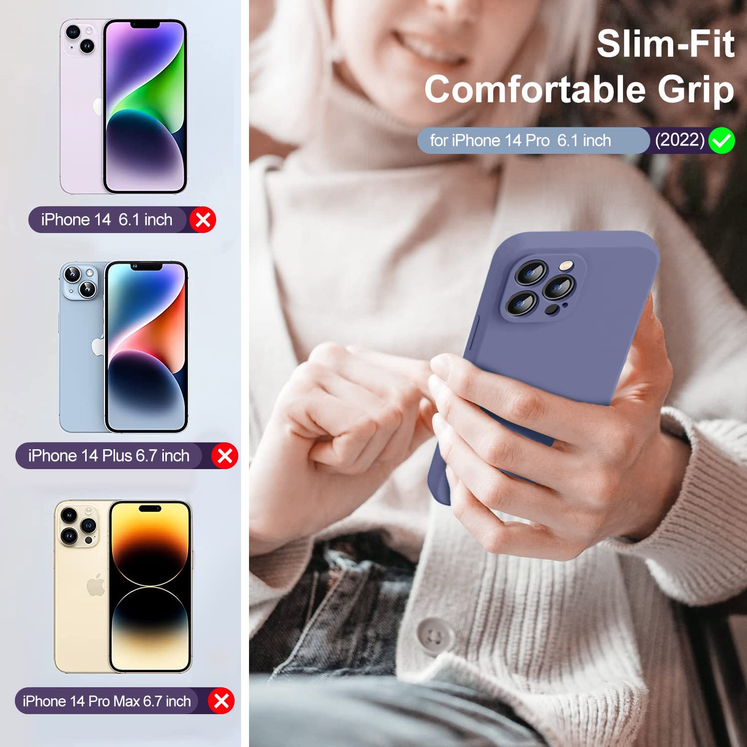 TISOOG iPhone 14 Pro Case with Camera Protection & 2 Screen Protectors, Slim Shockproof Silicone, Lavender Grey