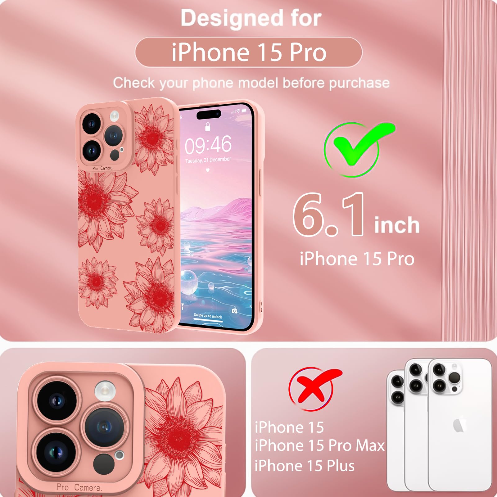 Ook Floral Case For Iphone 15 Pro Case, Cute Sunflower Floral Blooms Design Soft Tpu Shockproof Protective For Women Girls Slim