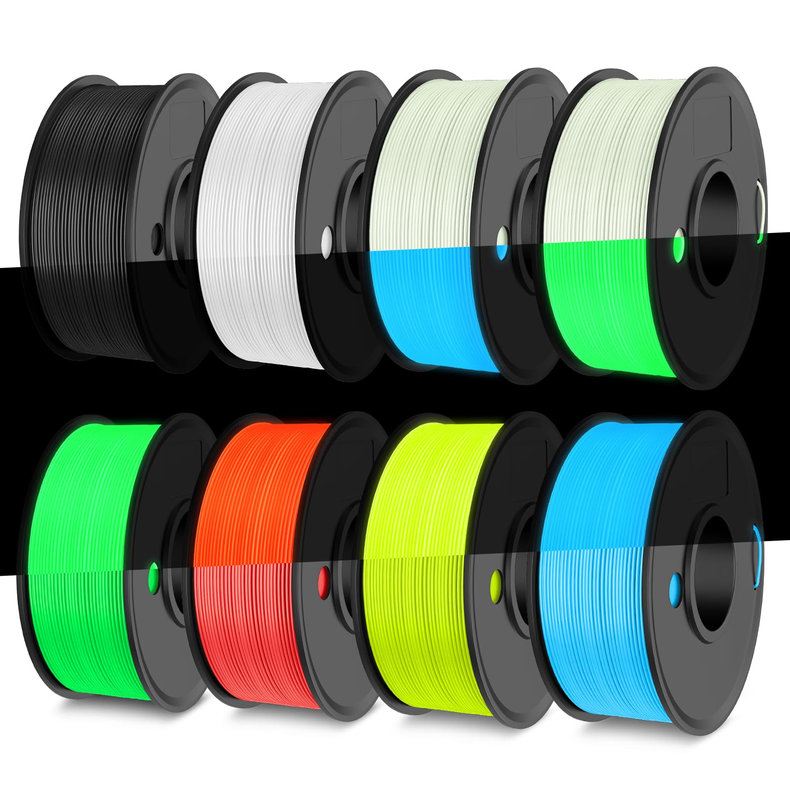 TECBEARS Glow in The Dark PLA Filament, Neatly Wound Luminous PLA 3D Printer Filament Bundle, 250g/Spool, 2 Spool of PLA Black/W