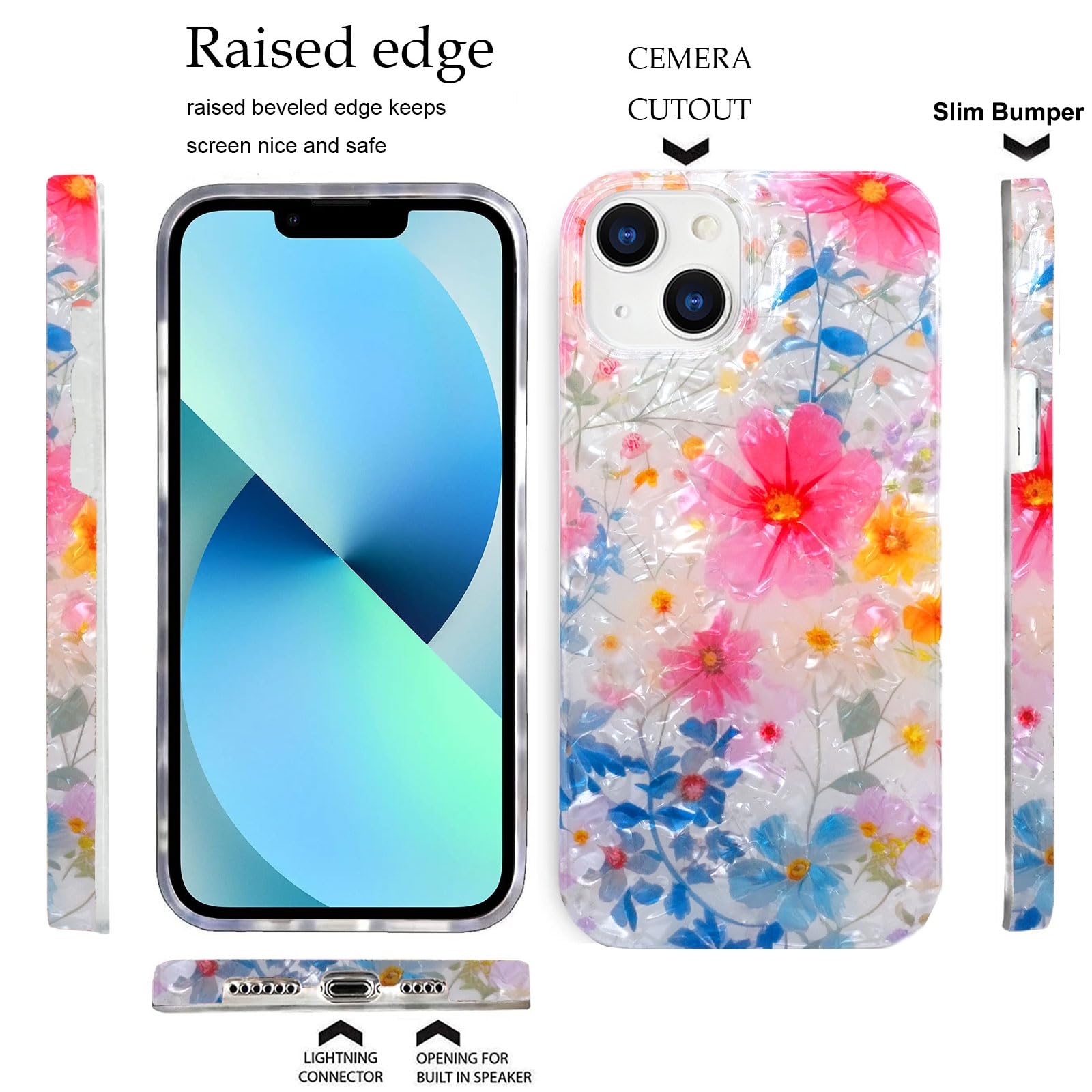 J.West Compatible For Iphone 13 Case For Women, Cute Sparkle Floral Print Girly Design Kawaii Pink Flowers Pattern For Girls Tee