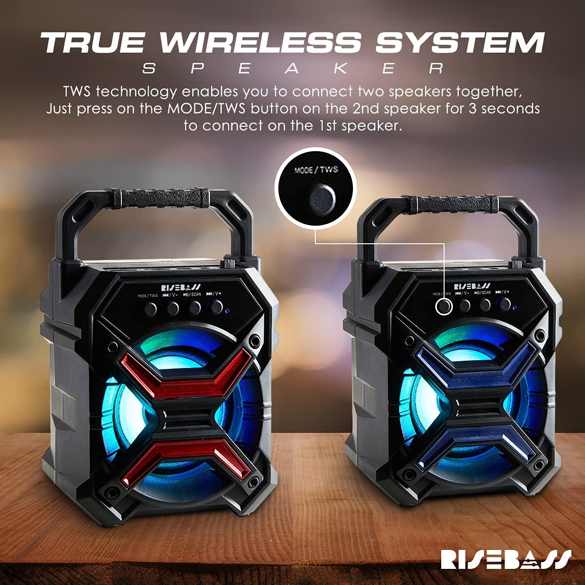 Risebass Portable Wireless Bluetooth Speaker For Iphone, Android, Ipod And More   Rechargeable Bluetooth Speaker For Kids & Adults   Mini Speaker With Party Lights For Hiking, Picnic