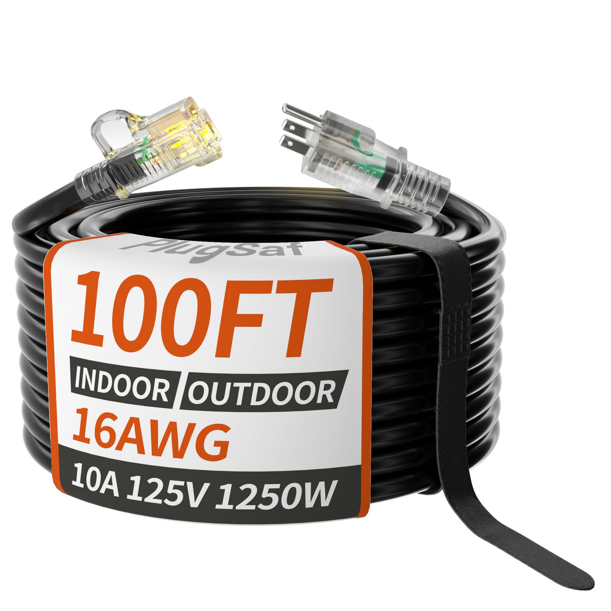 Plugsaf 16/3 Gauge Black Outdoor Extension Cord 100 Ft Waterproof With Lighted Indicator, Cold Weatherproof  40C, Flexible 3 Pro