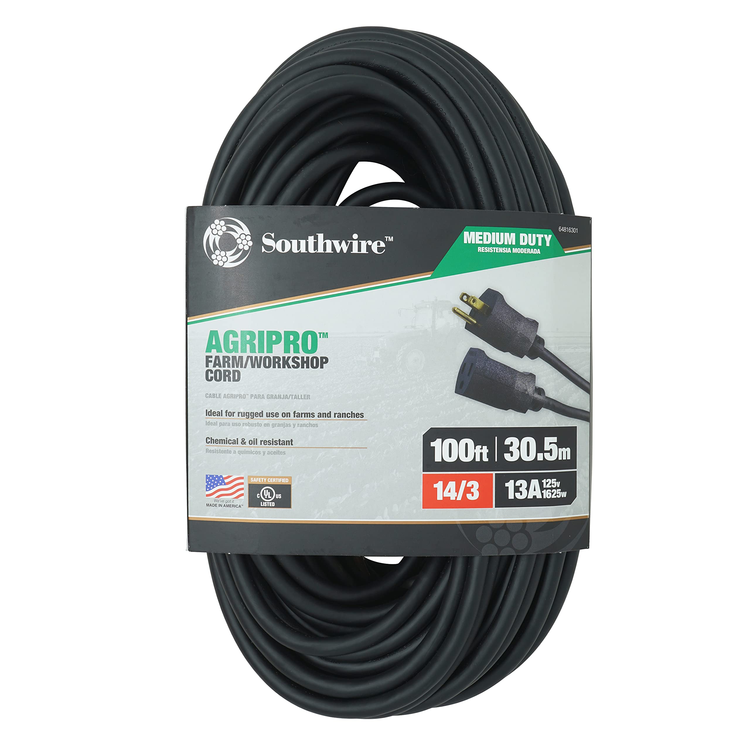 Agripro Southwire 64816301 143 Sjtow 100 Foot Medium Duty 13 Amp Farmworkshop Extension Cord, Made In The Usa, 100 Feet, Ul List