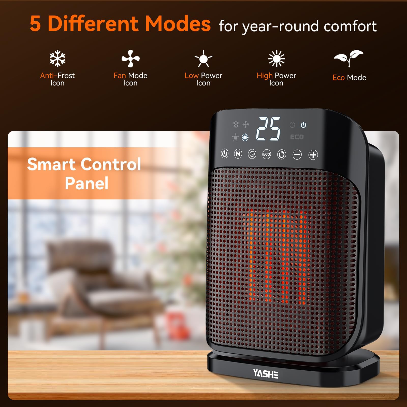 Yashe Space Heaters For Indoor Use, 1500W Portable Heater With Thermostat And Remote, 24H Timer, 75Oscillation, Eco Mode, Digita
