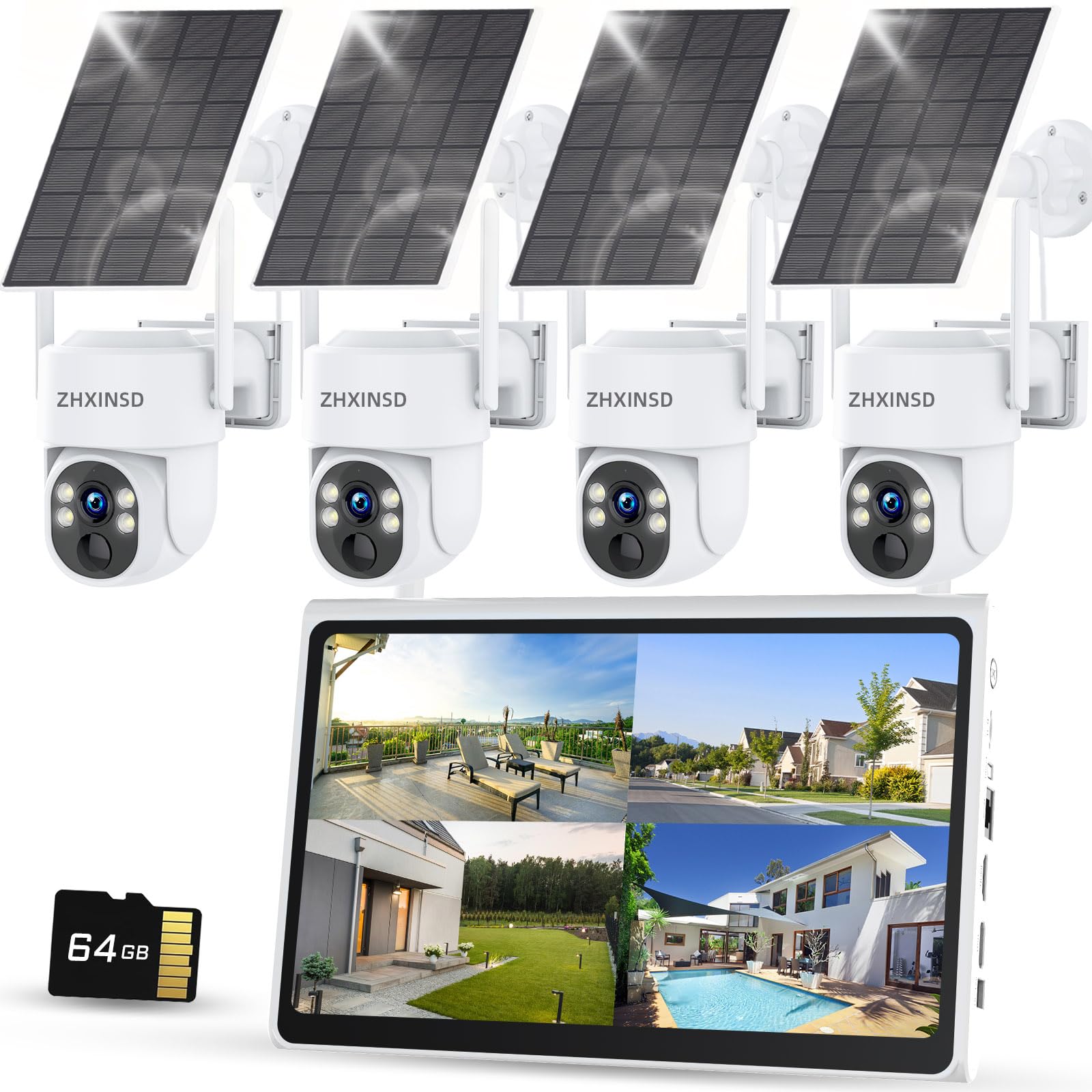 Zhxinsd Solar Camera Security System Wireless Outdoor With 10Ch 10'' Lcd Monitor,2.5K 4Mp 4Pcs Ptz Camera For Home Security,Supp
