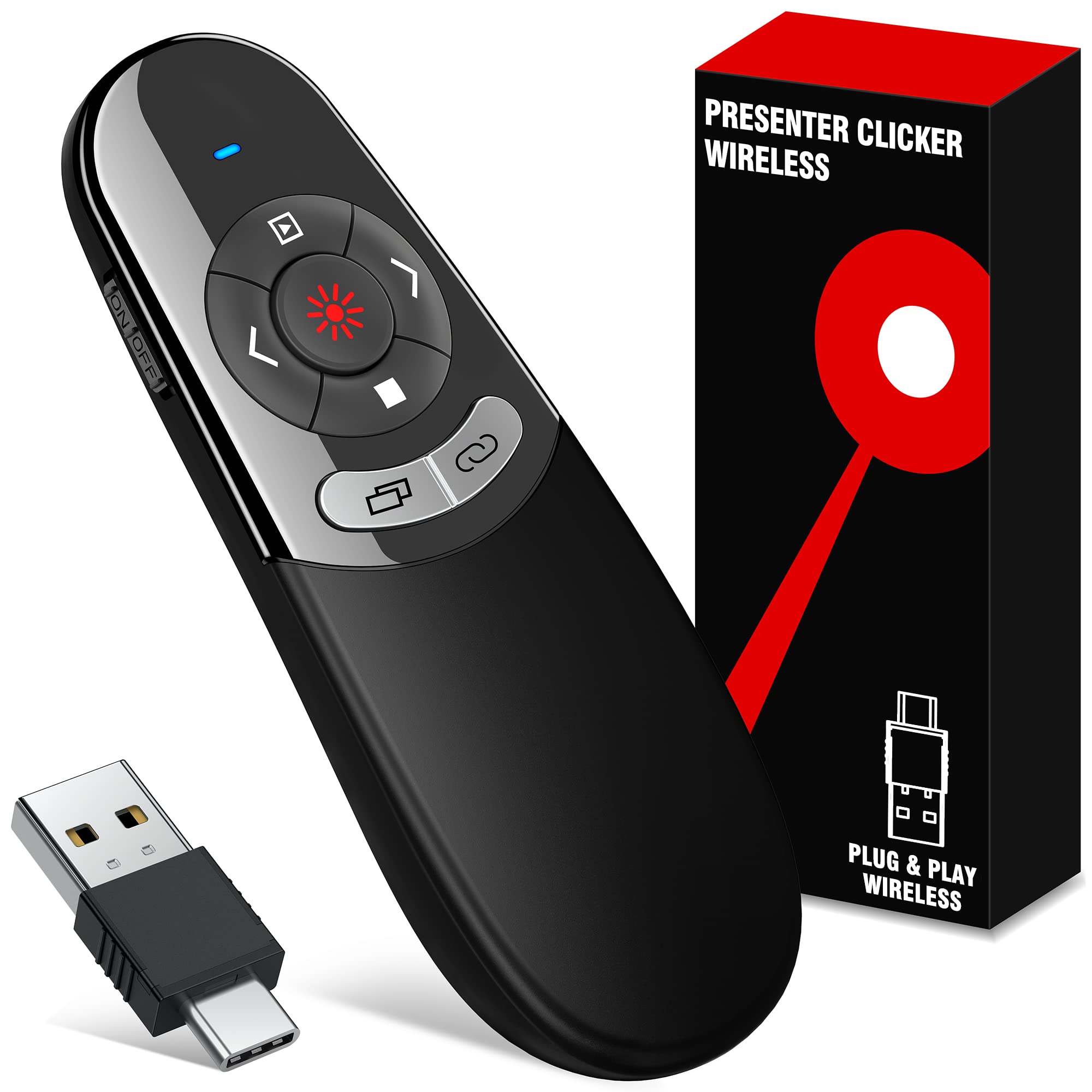 2 in 1 USB Type C Presentation Clicker with Red Light Pointer, Wireless Presenter for PowerPoint Presentation PPT Clicker, 2.4GH