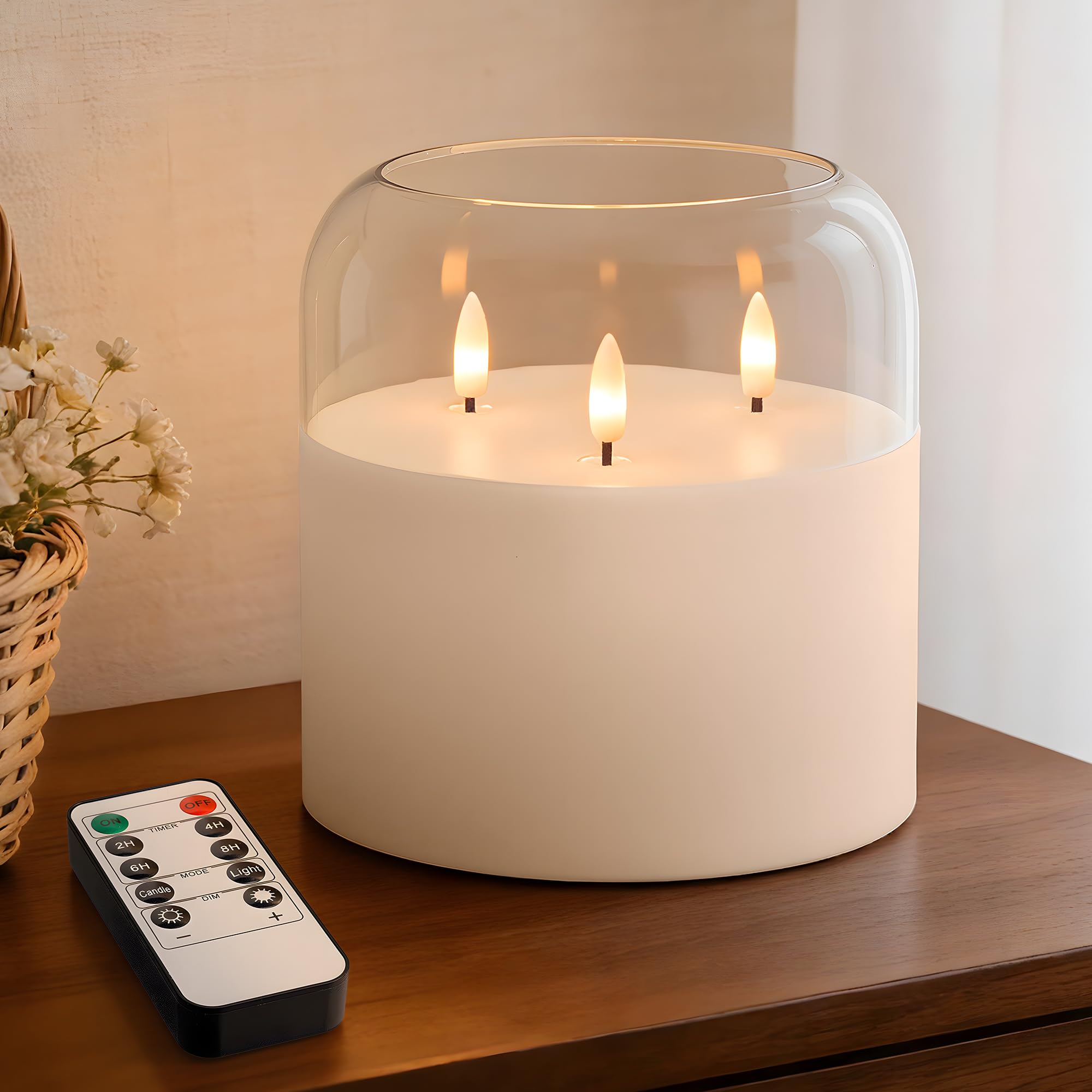 Velsyn 3 Wick Glass Flameless Candle with Remote and Timer, 6x6 Extra Large Real Wax LED Pillar Candle Battery Operated with 3D 