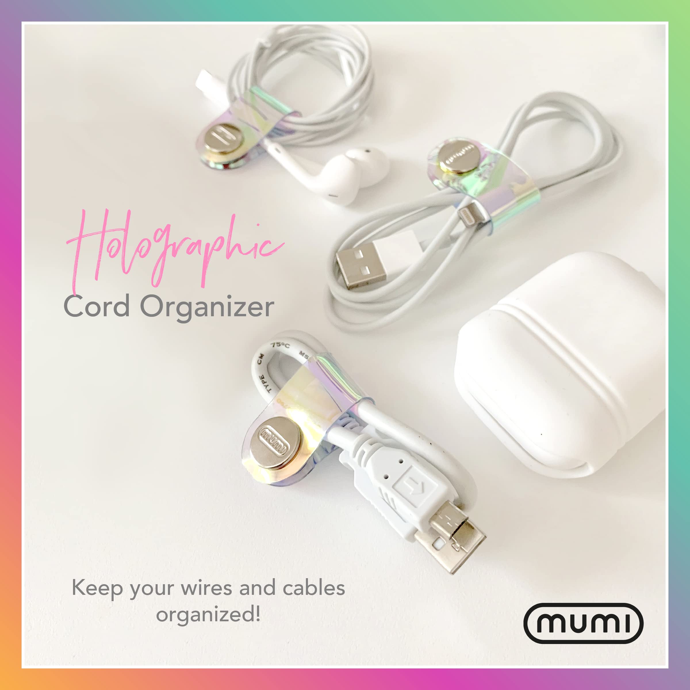Mumi Holographic Cord Organizer   Cable Organizer   Stylish Cable Ties   Cord Wrap Cable Management   3.1 X 0.78 Inches Cable St