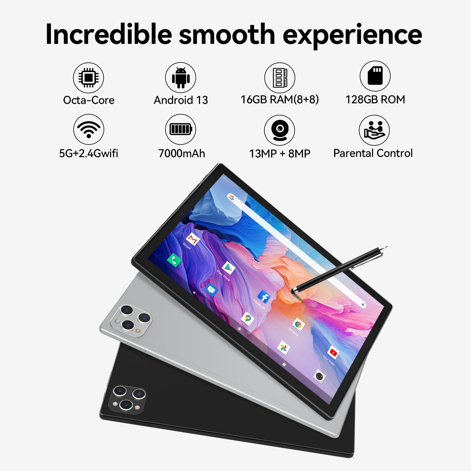 Android Tablet 10 Inch, 2024 Newest Android 13 Tablet, 128Gb Storage+16Gb Ram (8+8Virtual), Octa Core Processor, 5G Wifi Tablet,