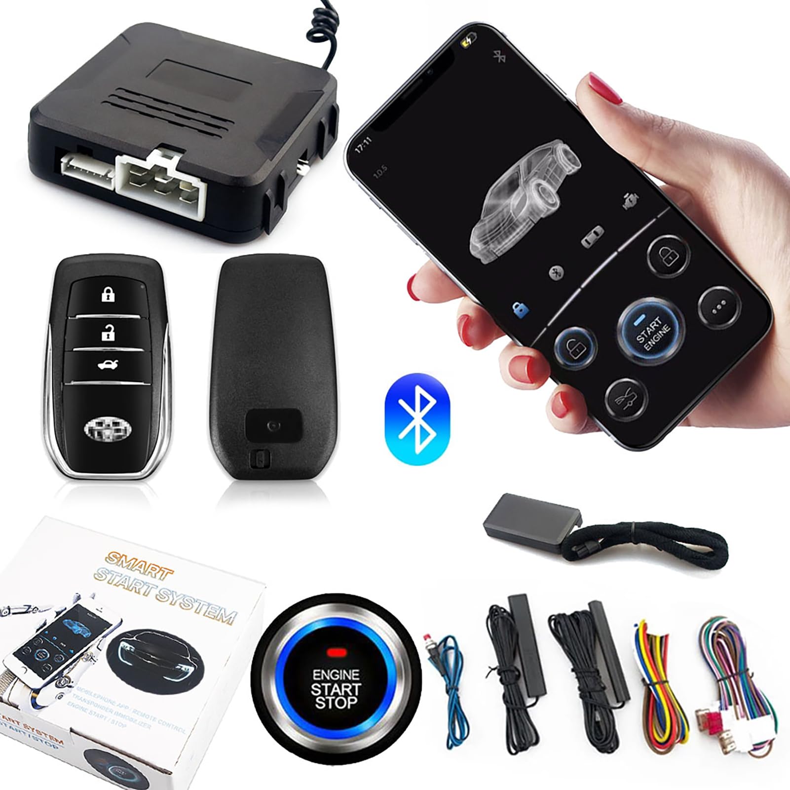 CHADWICK Car Remote Start Stop Kit, 12V One-Key Engine Start Anti-Theft System, PKE Passive Keyless Entry with Push Button, Blue