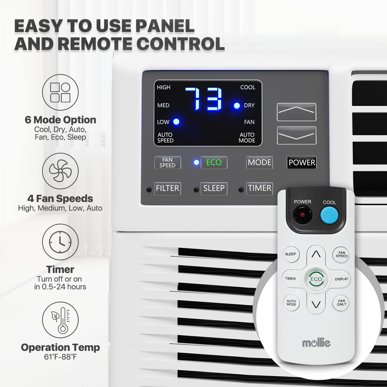 Mollie 12000 Btu Window Mounted Room Air Conditioner, Powerful Indoor Ac With Multi Speed Mode, Programmable Timer, Cool Up To 4