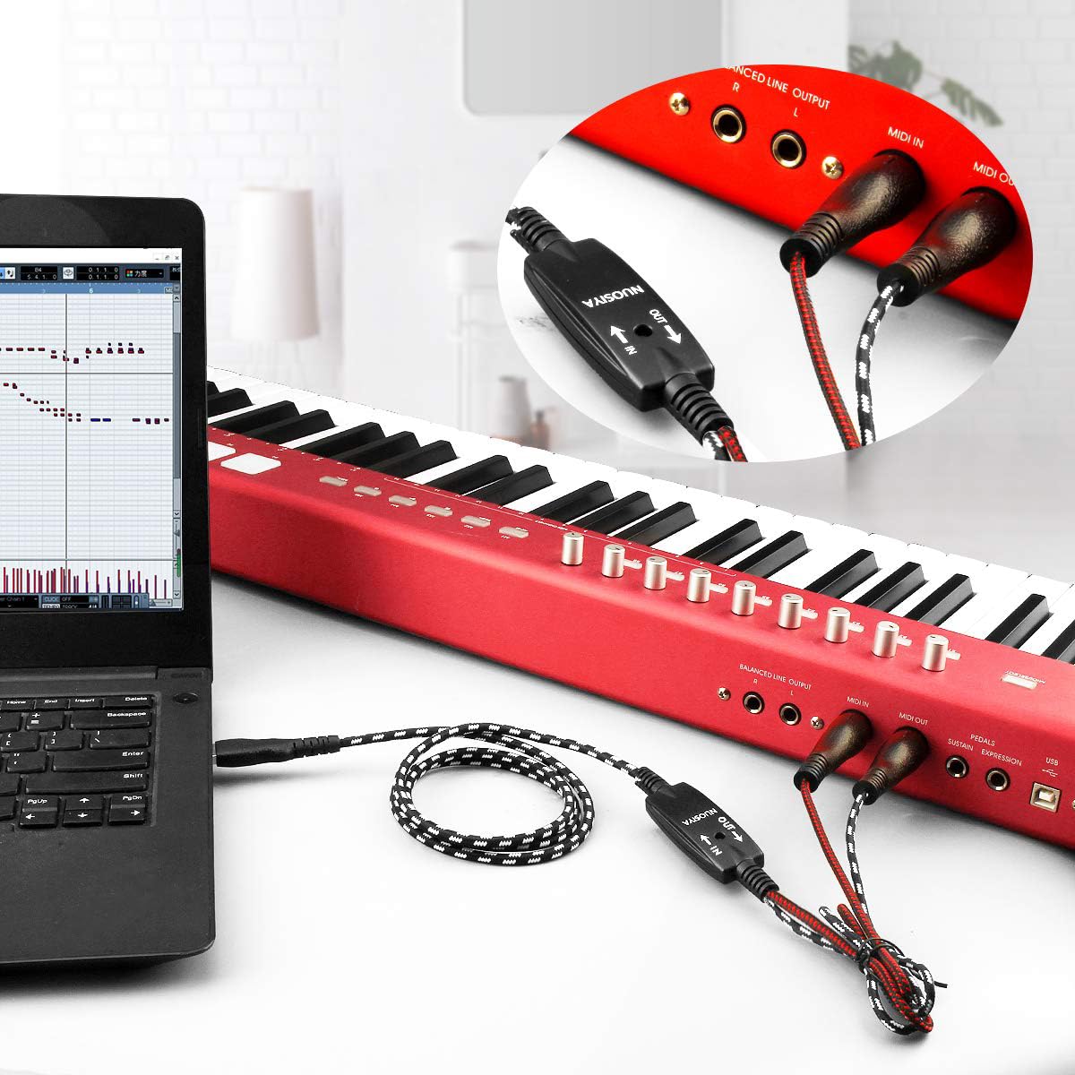 Nuosiya Midi Cable, Midi To Usb Interface Cable 4.5Ft,Midi Interface In Out To Usb Cord Adapter With Indicator For Piano Keyboar