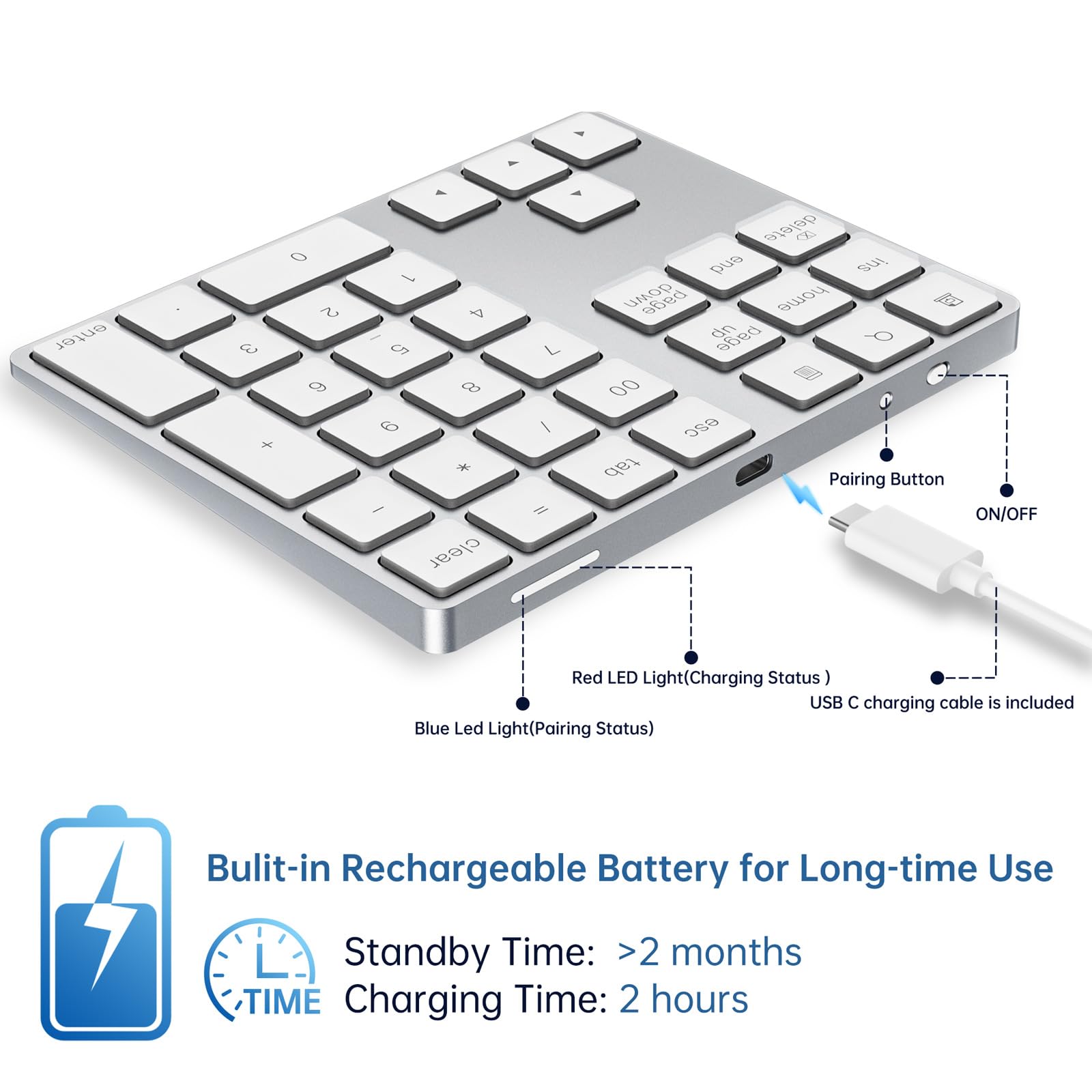 Horime Bluetooth Number Pad, Rechargeable Wireless Numeric Keypad Slim 34 Keys Aluminum Number Keypad External Data Entry Compat