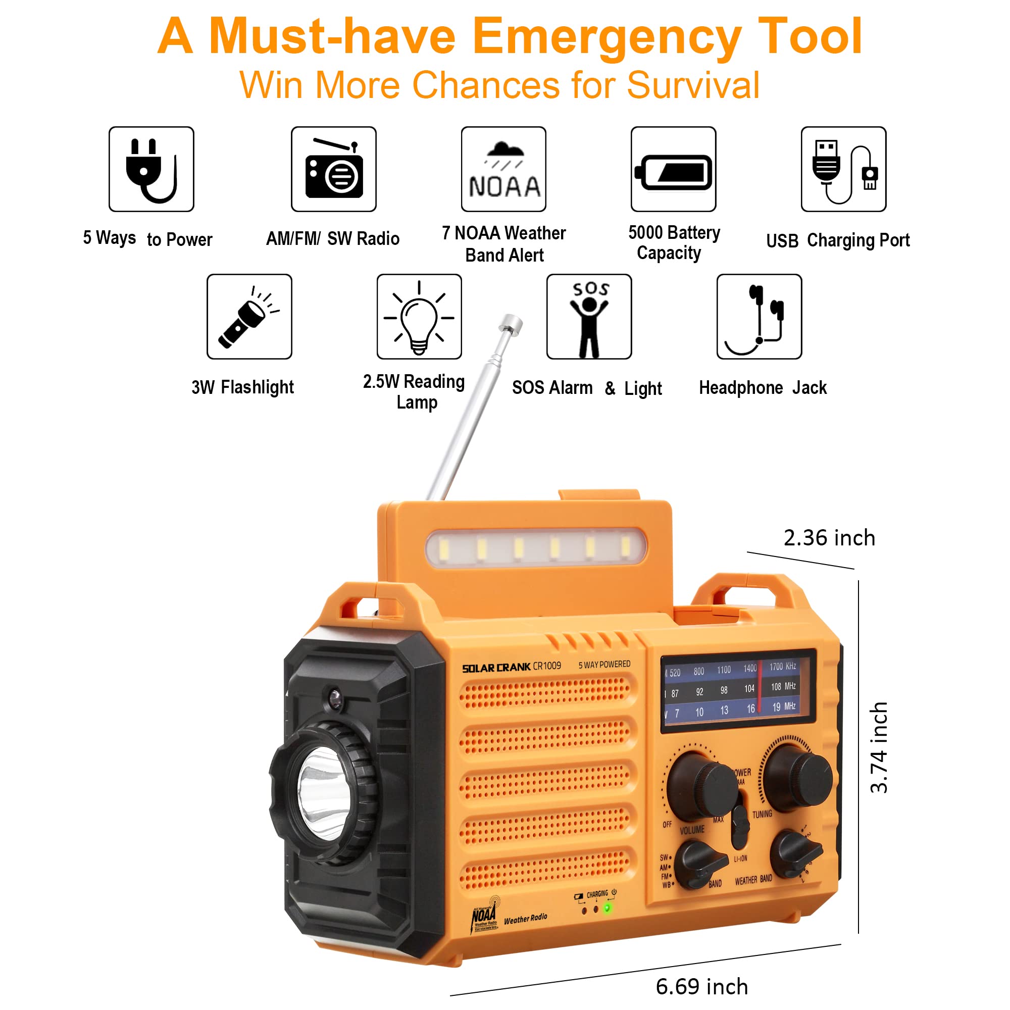 Emergency Radio 5000 Hand Crank Solar Weather Radio,5 Way Power Am/Fm/Sw/Noaa Survival Portable Radio With Camping Flashlight,Po