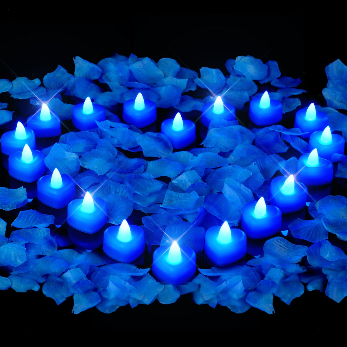 Amagic 2000 Pieces Blue Artificial Rose Petals With 24 Blue Heart Led Tea Lights, Rose Petals And Candles Set For Proposal, Anni