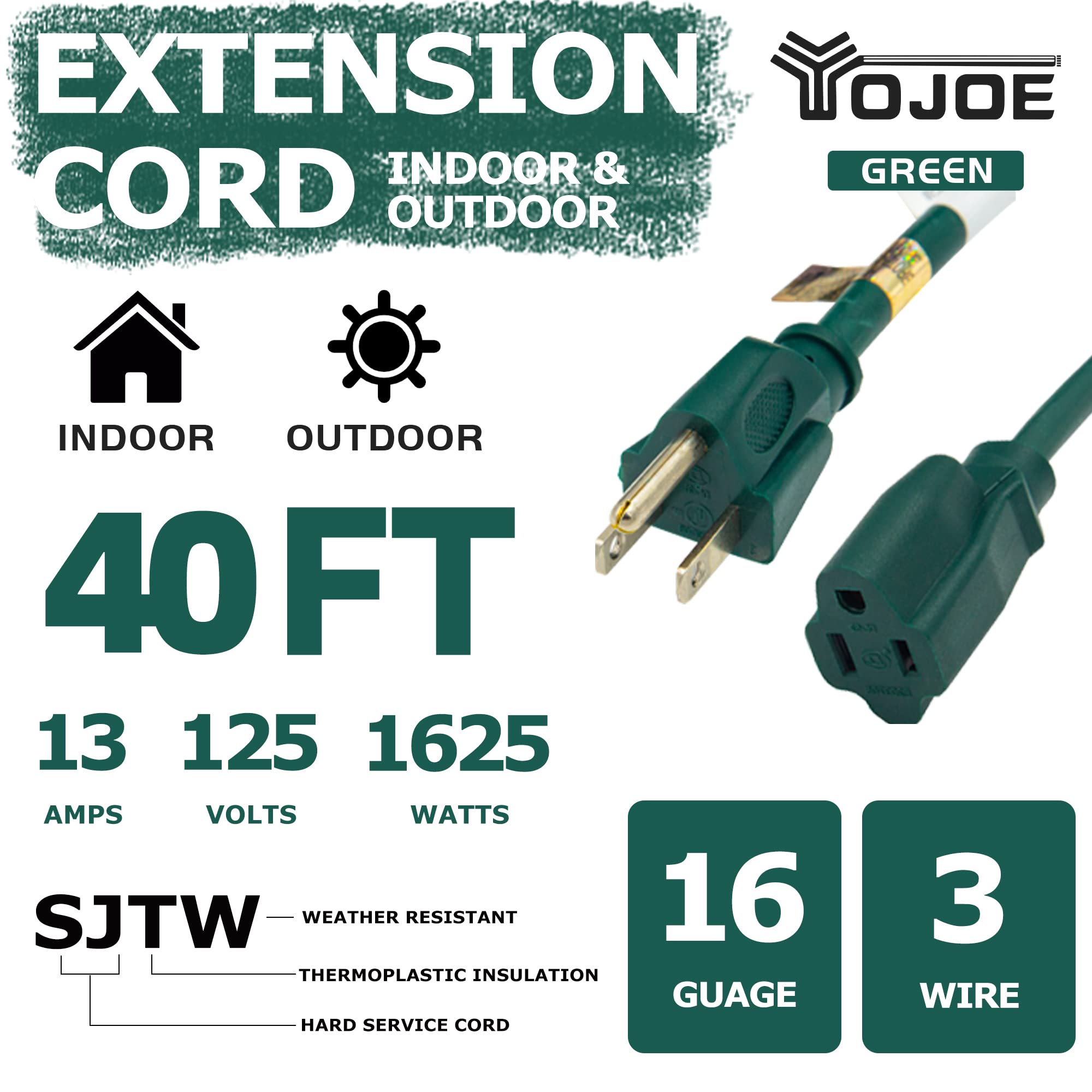 Yojoe Indoor Outdoor Extension Cord, 3 Prong 13A Weatherproof Power Extension Cord, 16 Gauge Heavy Duty 40 Ft Green Extension Co