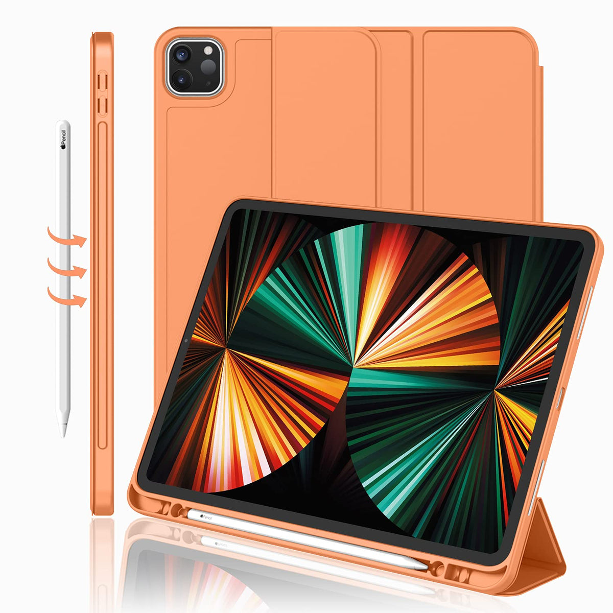 Imieet New Ipad Pro 12.9 Case 2022(6Th Gen)/2021(5Th Gen) With Pencil Holder [Support Ipad 2Nd Pencil Charging/Pair],Trifold Stand Smart Case With Soft Tpu Back,Auto Wake/Sleep(Orange)
