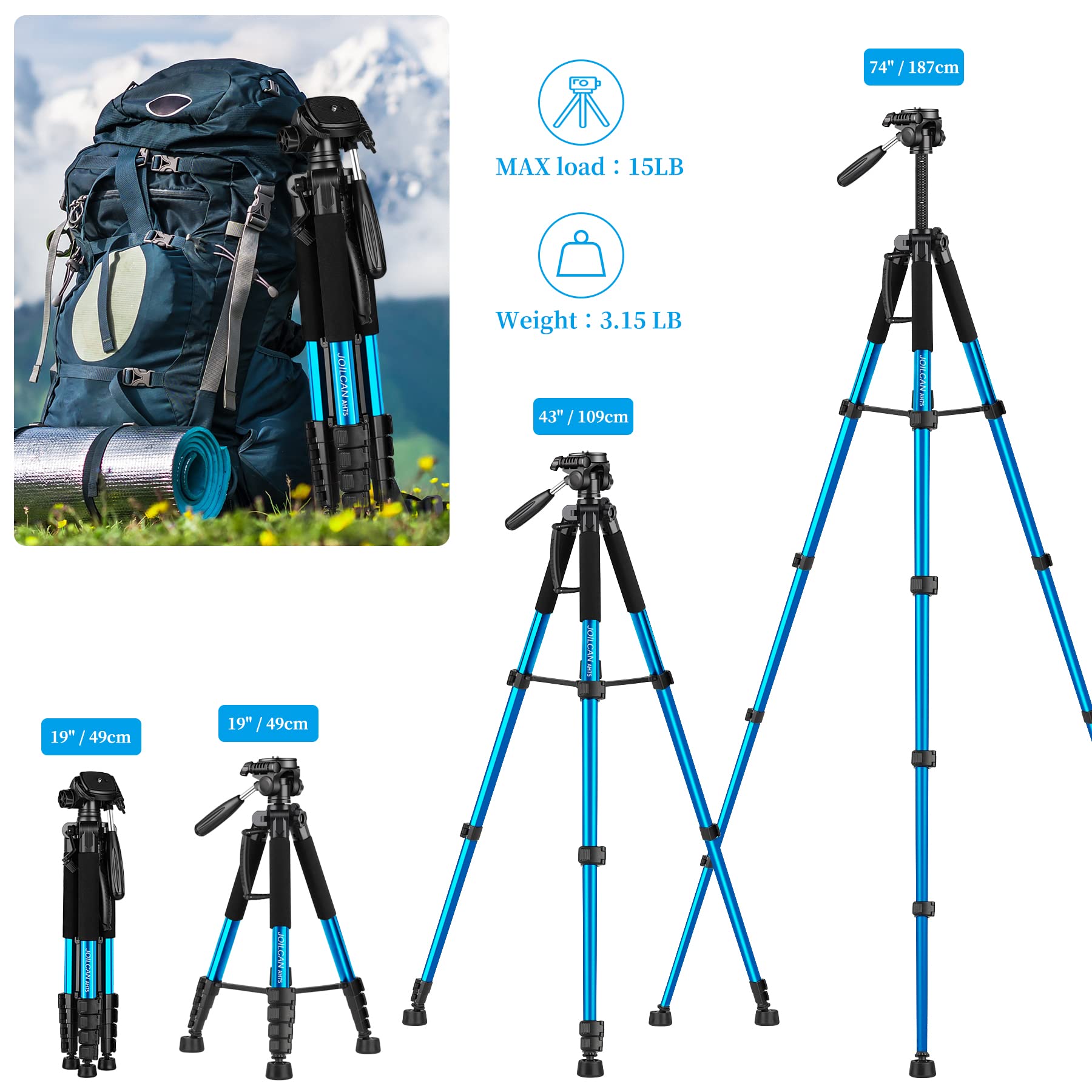 Joilcan Tripod Camera Tripods, 74'' Tripod For Camera Cell Phone Video Recording, Heavy Duty Tall Camera Tripod Stand, Professio