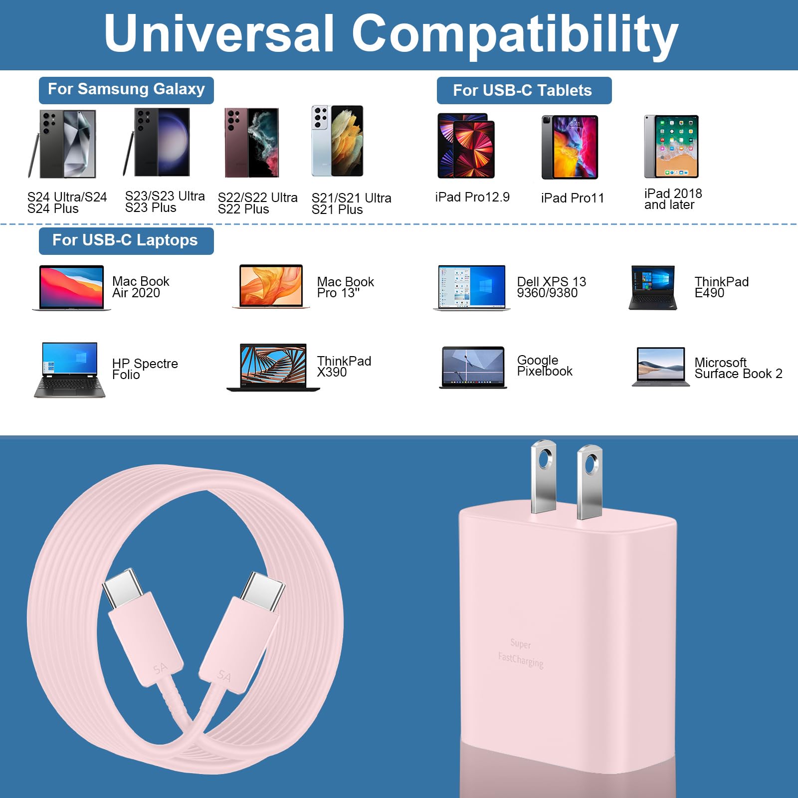 Auorld 45W USB-C Fast Charger with 10FT Cable - Pink Compatible with Samsung Galaxy S24/S23/S22/Note 10/20 & Galaxy Tab S8