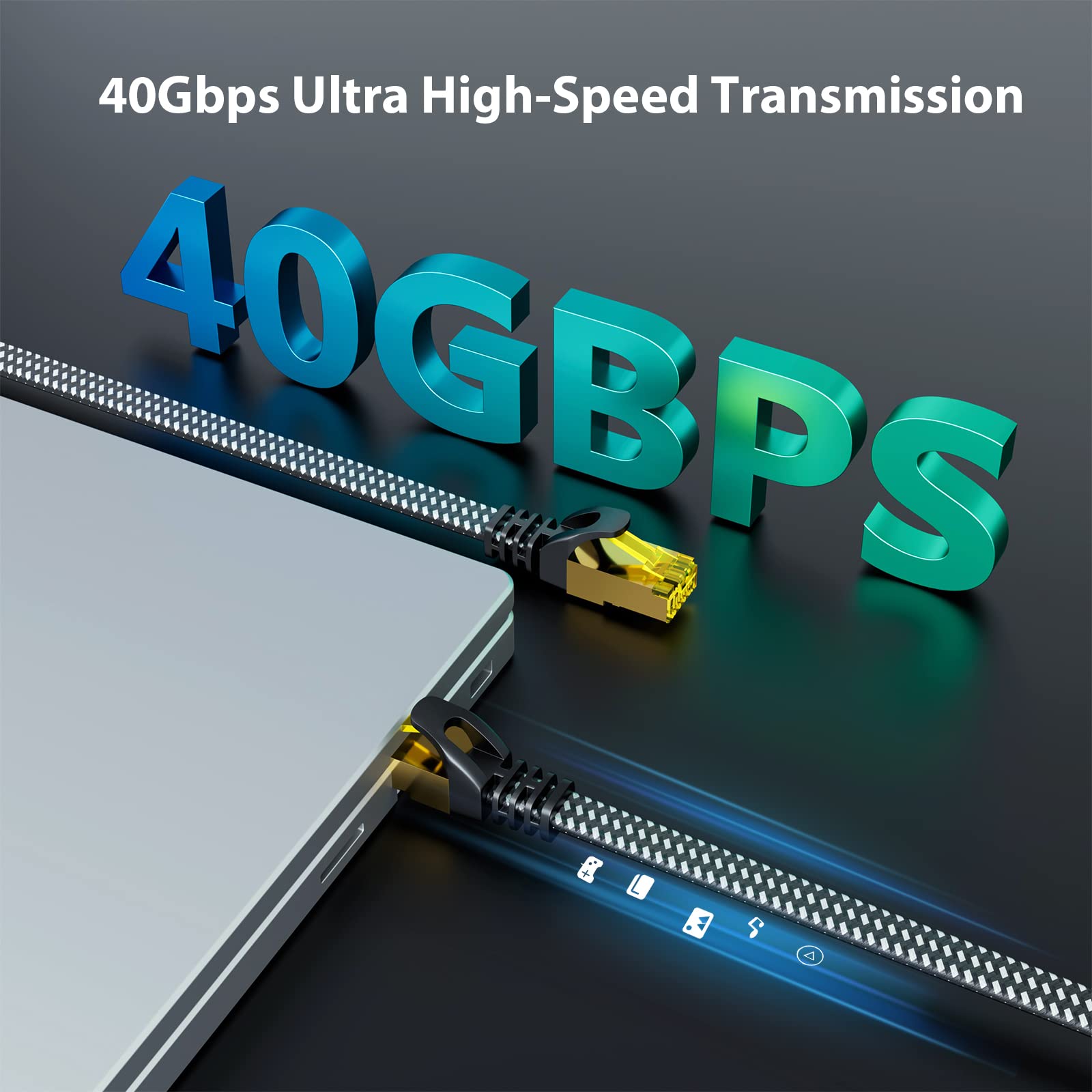 Ariskeen Cat 8 Ethernet Cable 1 Ft 2 Pack, Nylon Braided High Speed Cat8 Network Lan Patch Cord, 40Gbps 2000Mhz Shielded Rj45 Fl