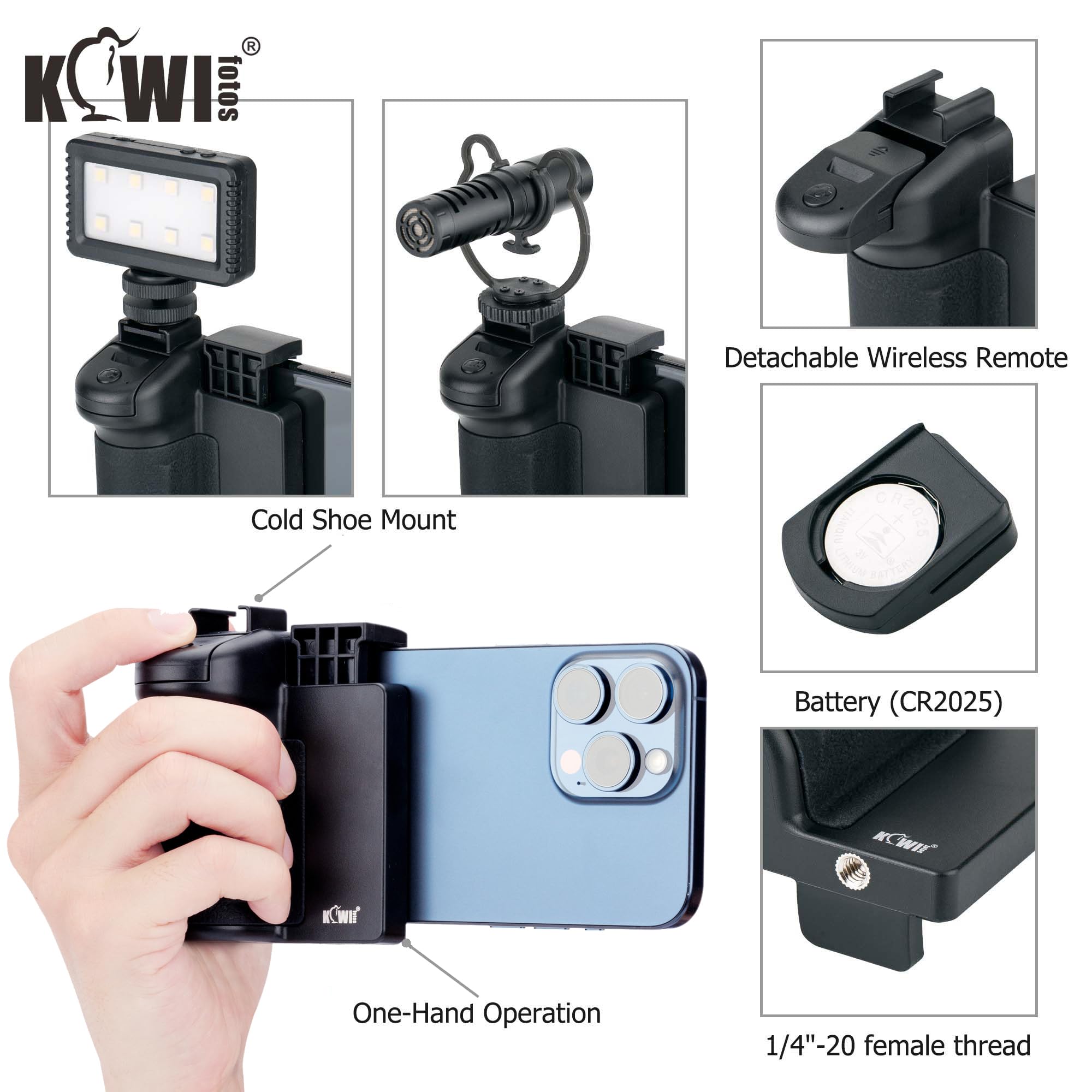 Kiwifotos Phone Camera Grip Handle Holder Phone Tripod Mount With Detachable Remote Shutter & Cold Shoe Adapter For Iphone 14 15