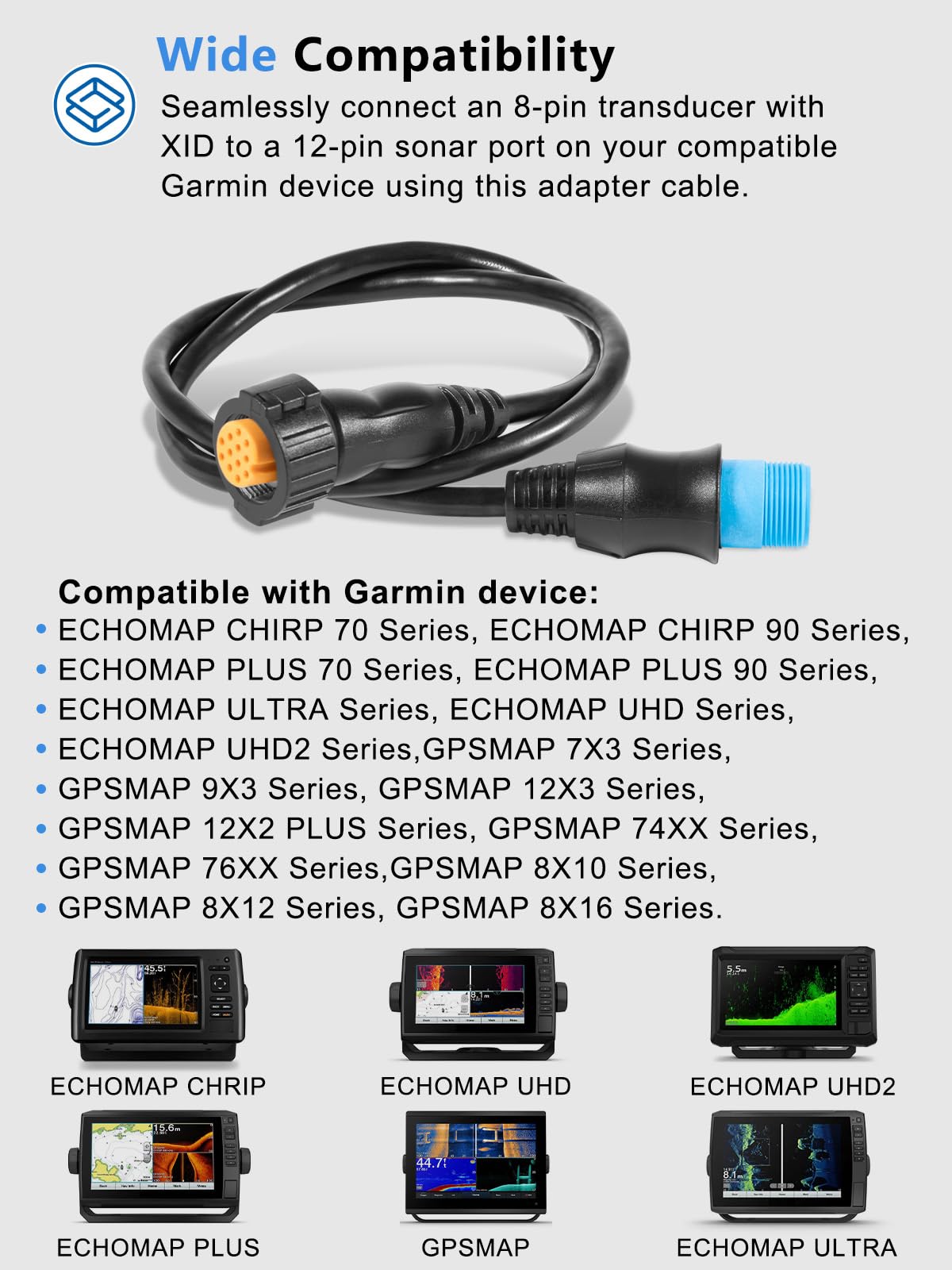 Yourour 010 12122 10 Adapter, 8 Pin Transducer To 12 Pin Sounder Adapter Cable Xid Compatible With Garmin Airmar, Echomap Chrip,
