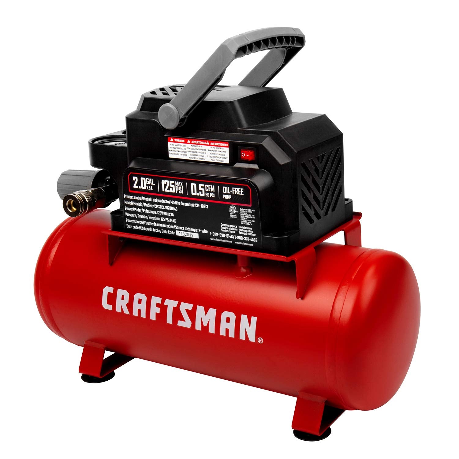Craftsman Air Tools, 2 Gallon Portable Air Compressor 1/3 Hp Oil Free Max 125 Psi Pressure, Hot Dog, Model: Cmxecxa0200243